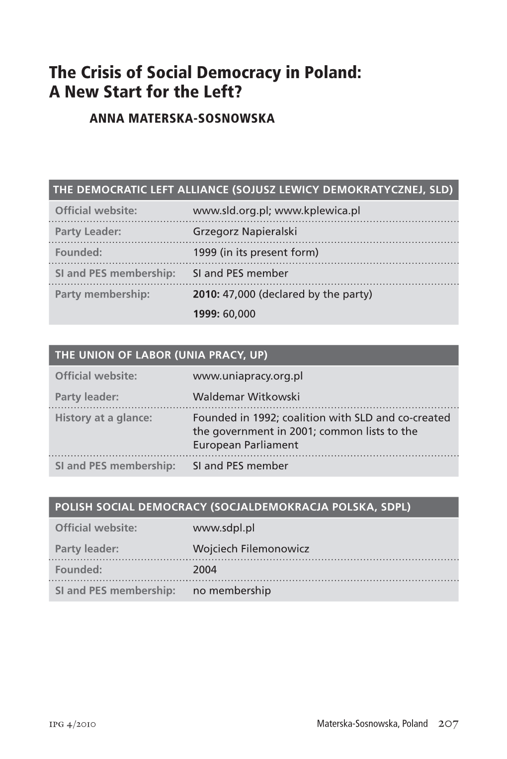 The Crisis of Social Democracy in Poland: a New Start for the Left? ANNA MATERSKA-SOSNOWSKA