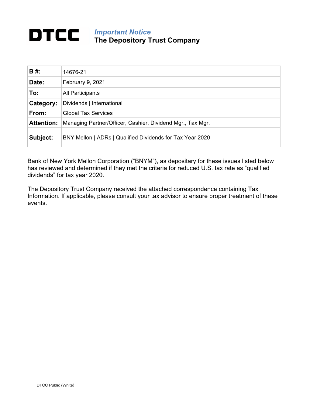 BNY Mellon | Adrs | Qualified Dividends for Tax Year 2020