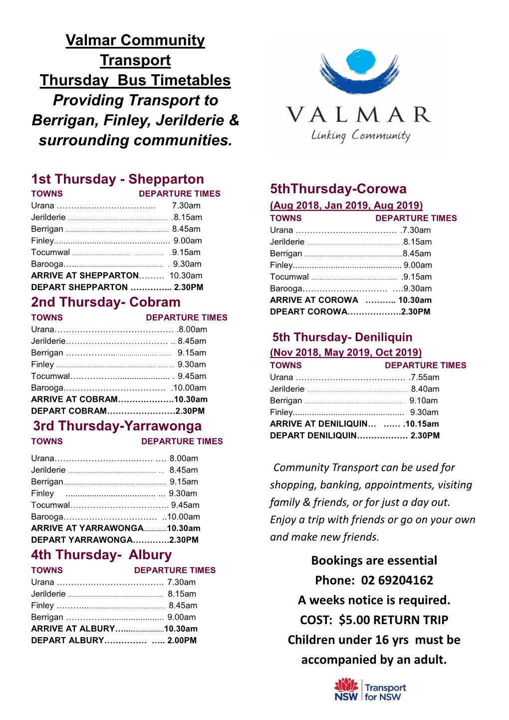 Valmar Community Transport Thursday Bus Timetables Providing Transport to Berrigan, Finley, Jerilderie &