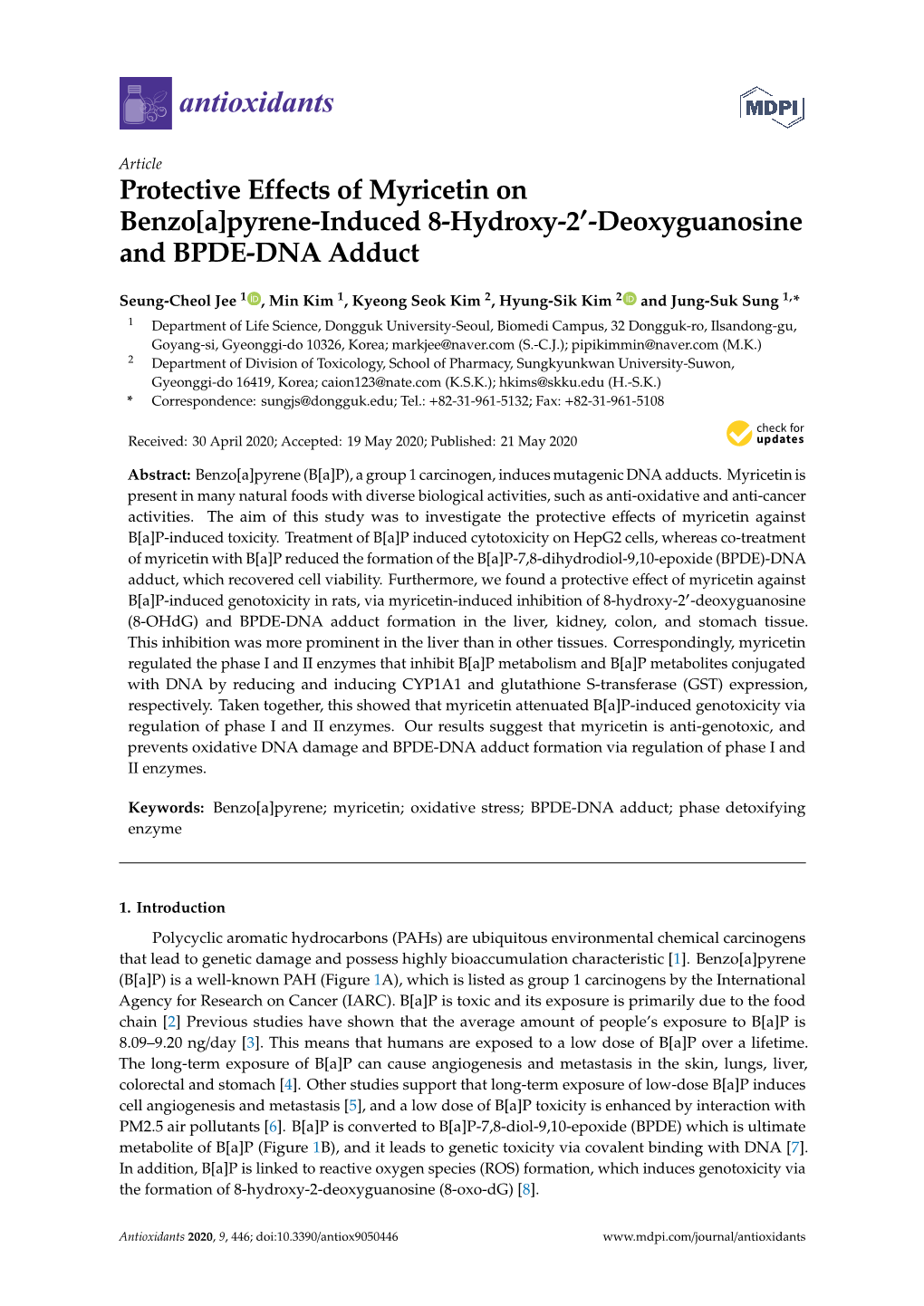 Protective Effects of Myricetin on Benzo[A]Pyrene-Induced 8-Hydroxy-2'-Deoxyguanosine and BPDE-DNA Adduct