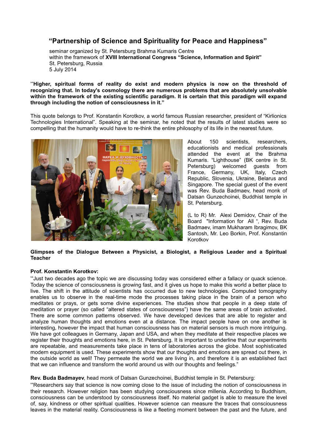 “Partnership of Science and Spirituality for Peace and Happiness” Seminar Organized by St