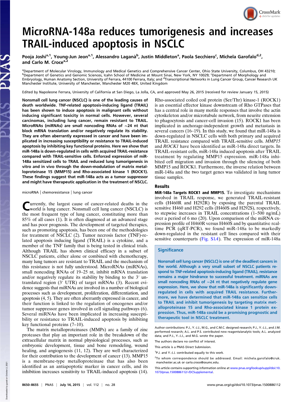 Microrna-148A Reduces Tumorigenesis and Increases TRAIL-Induced Apoptosis in NSCLC