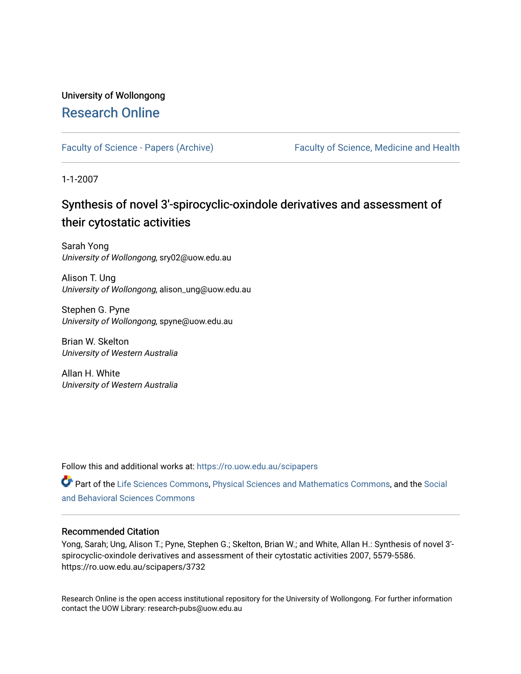 Spirocyclic-Oxindole Derivatives and Assessment of Their Cytostatic Activities