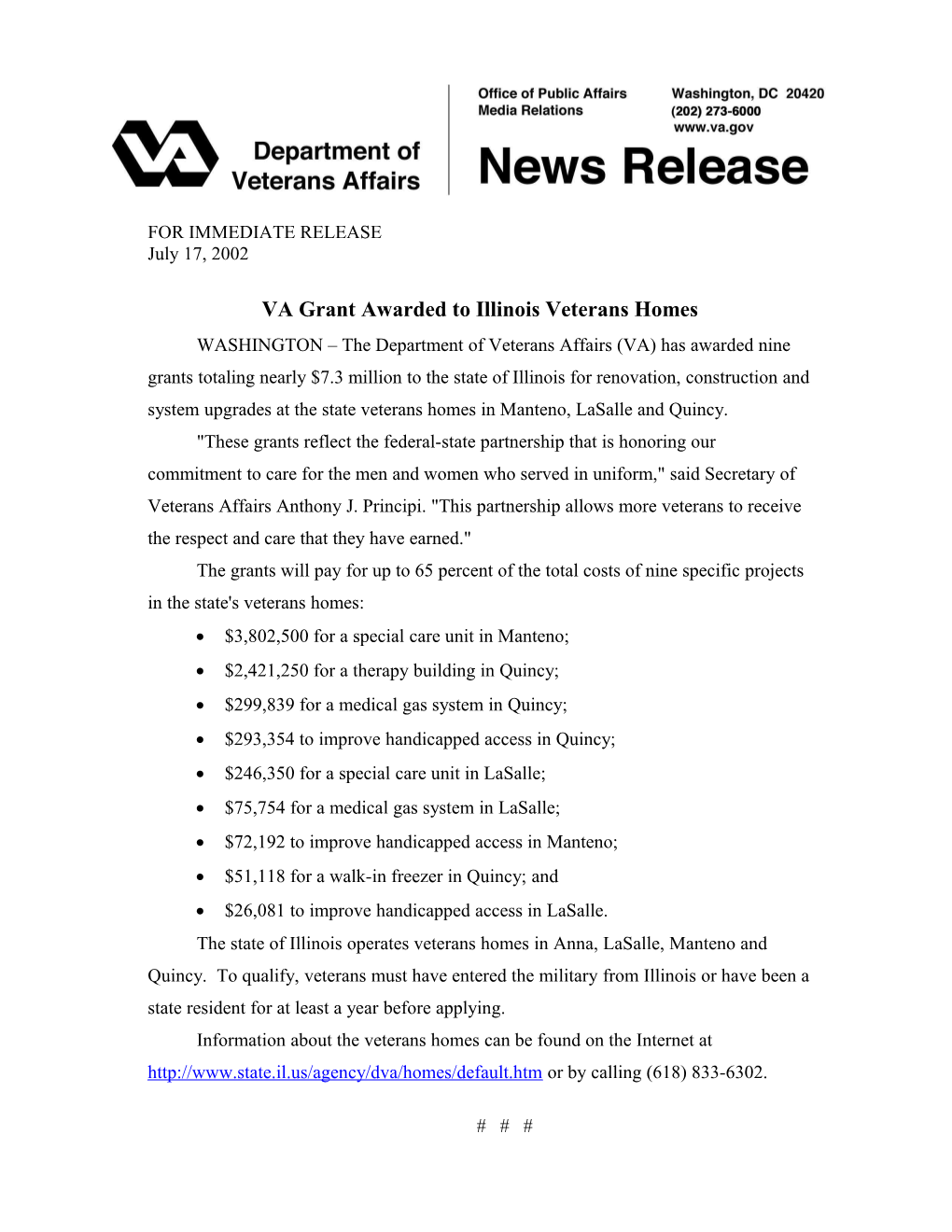 VA Grant Awarded to Illinois Veterans Homes