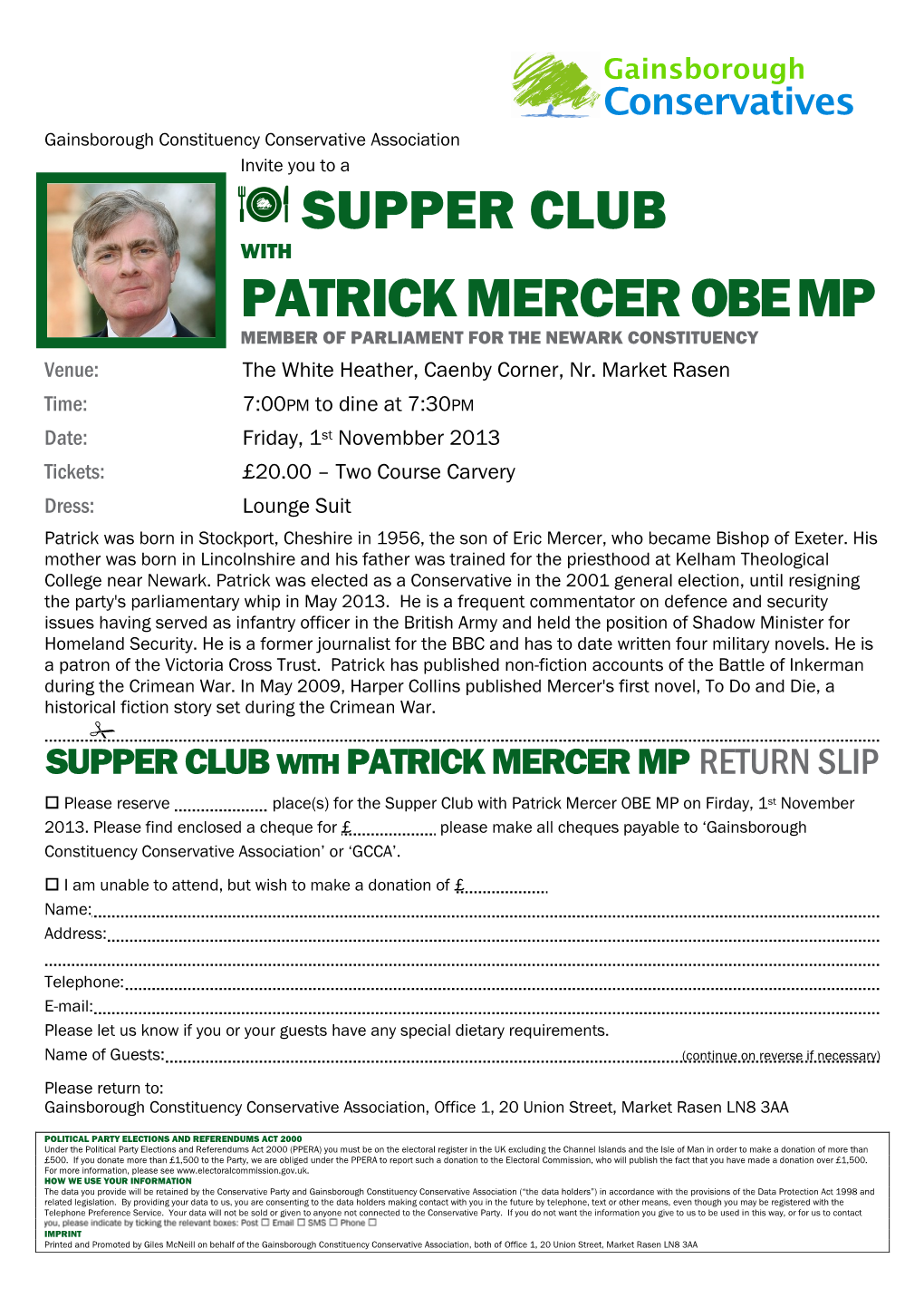 Supper Club with Patrick Mercer OBE MP Invitation