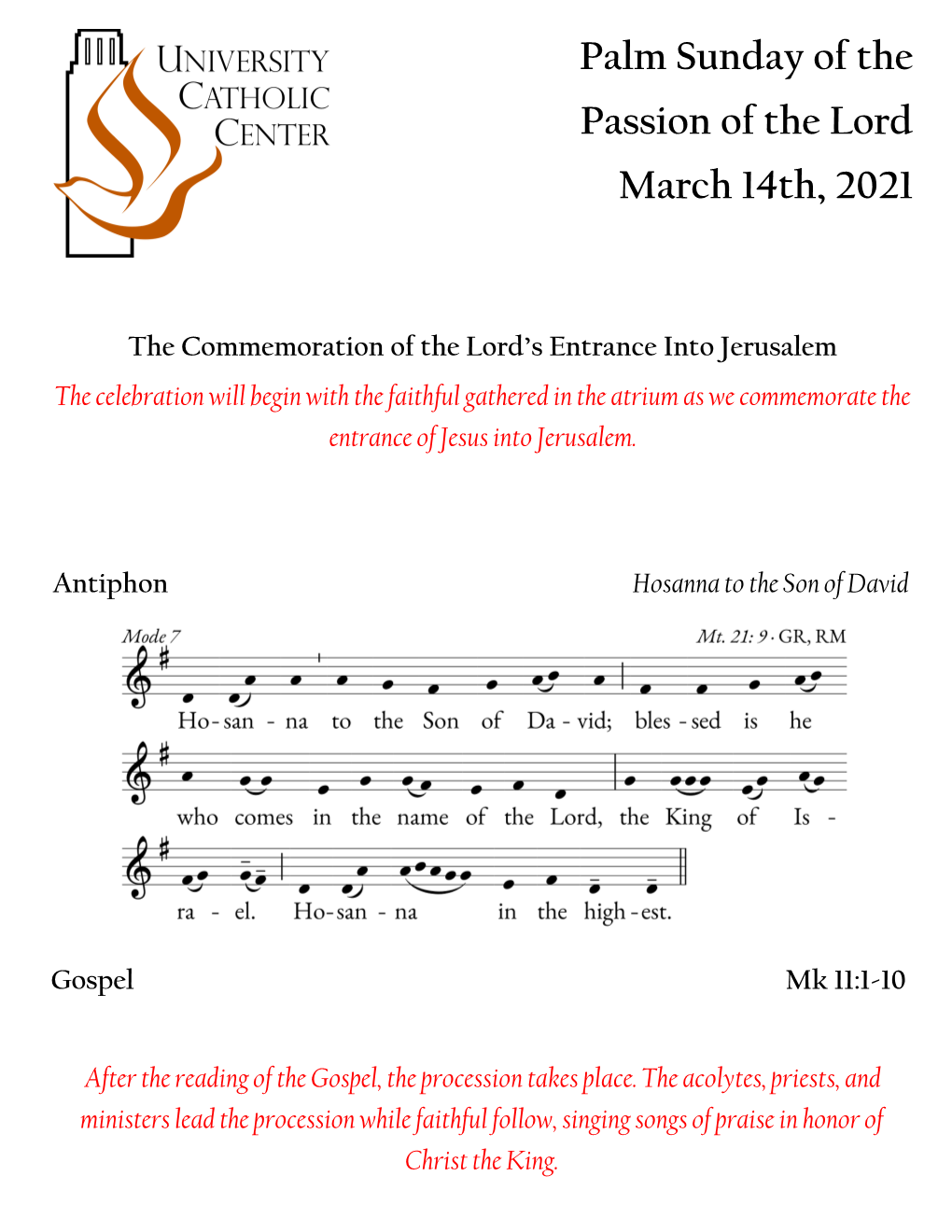Palm Sunday of the Passion of the Lord March 14Th, 2021