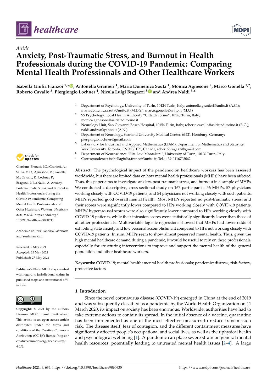 Anxiety, Post-Traumatic Stress, and Burnout in Health Professionals During the COVID-19 Pandemic: Comparing Mental Health Professionals and Other Healthcare Workers