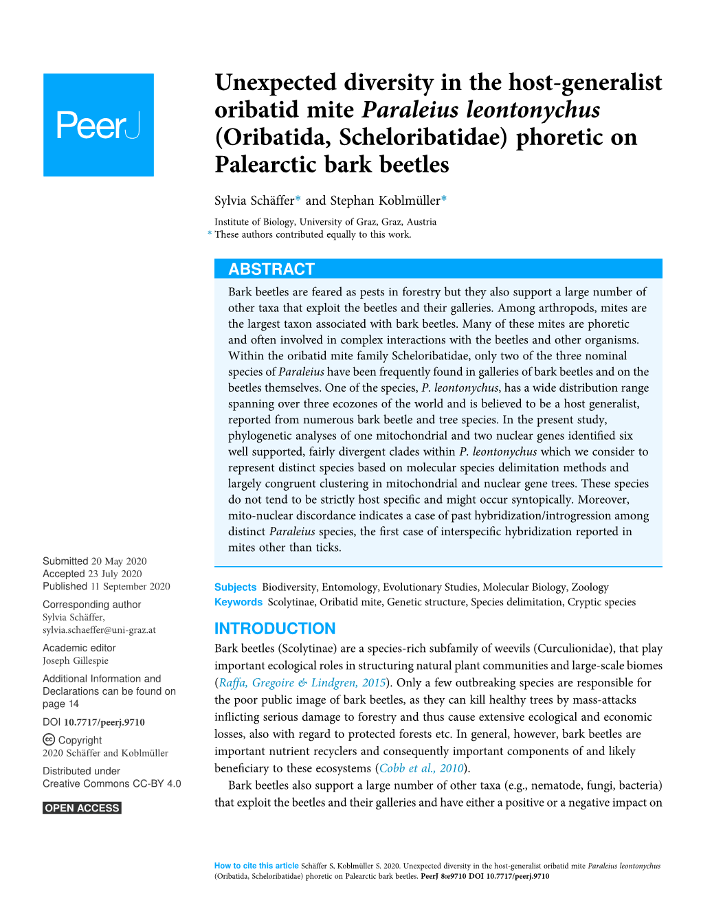 Unexpected Diversity in the Host-Generalist Oribatid Mite Paraleius Leontonychus (Oribatida, Scheloribatidae) Phoretic on Palearctic Bark Beetles