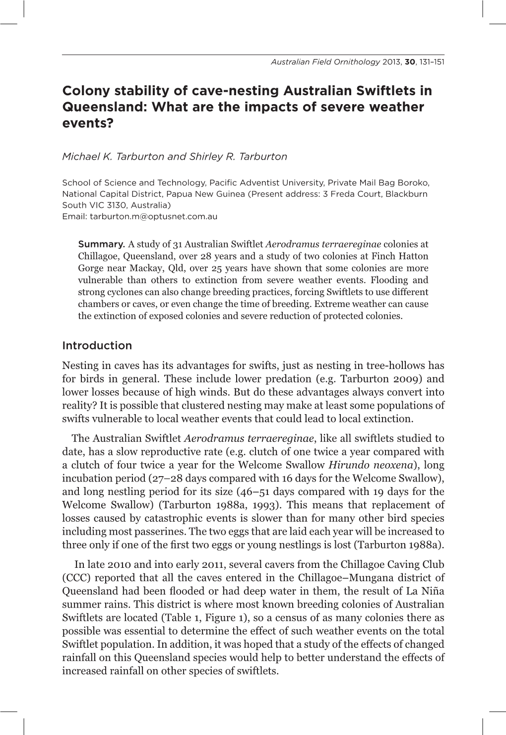 Colony Stability of Cave-Nesting Australian Swiftlets in Queensland: What Are the Impacts of Severe Weather Events?