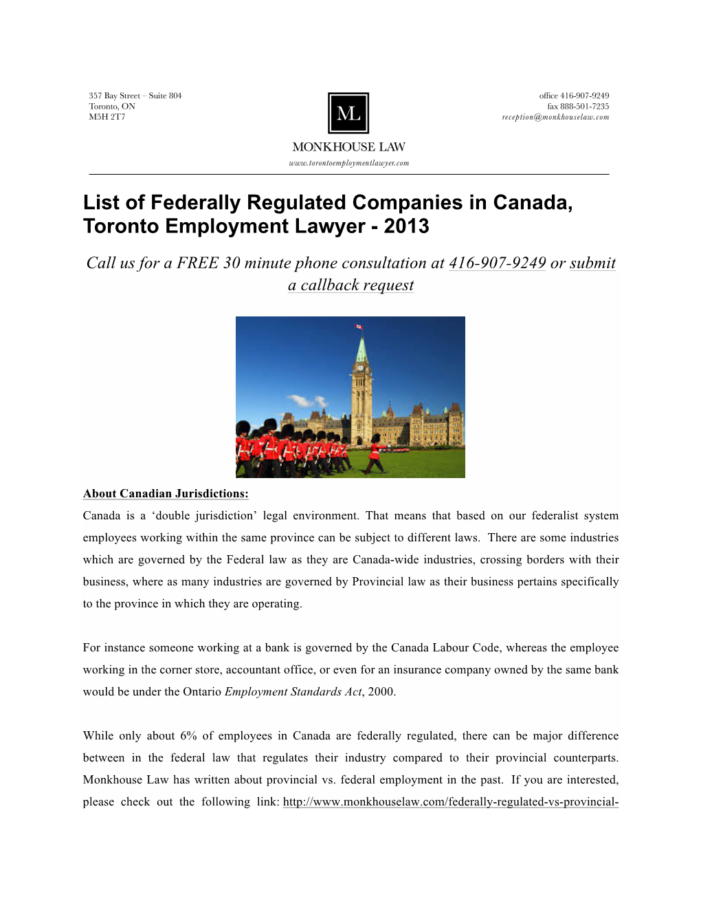 List of Federally Regulated Companies in Canada, Toronto Employment Lawyer - 2013