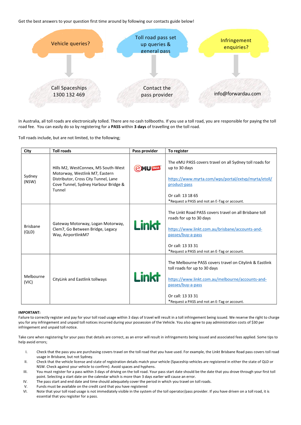 Vehicle Queries? Toll Road Pass Set up Queries & General Pass Enquiries? Call Spaceships 1300 132 469 Infringement Enquirie