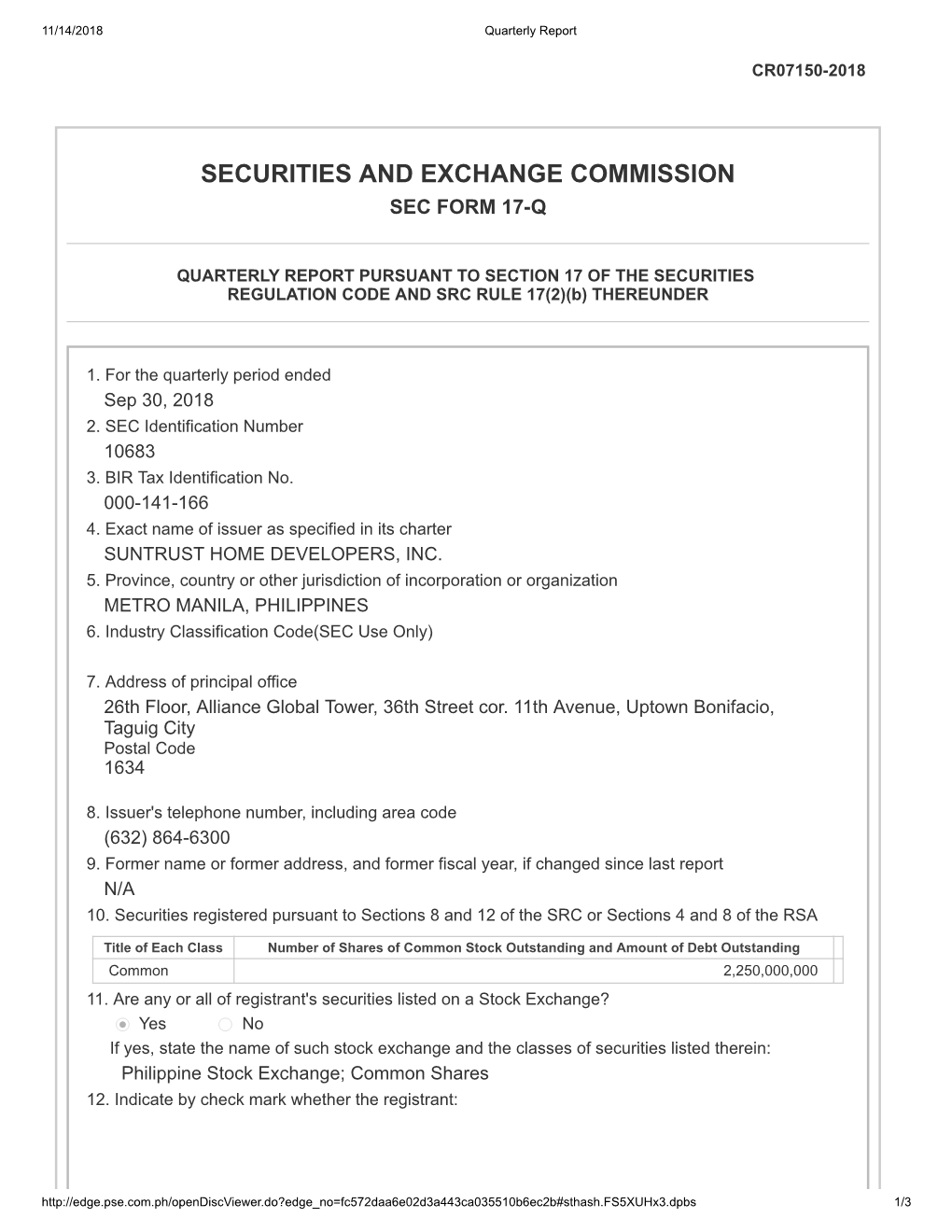 Securities and Exchange Commission Sec Form 17-Q