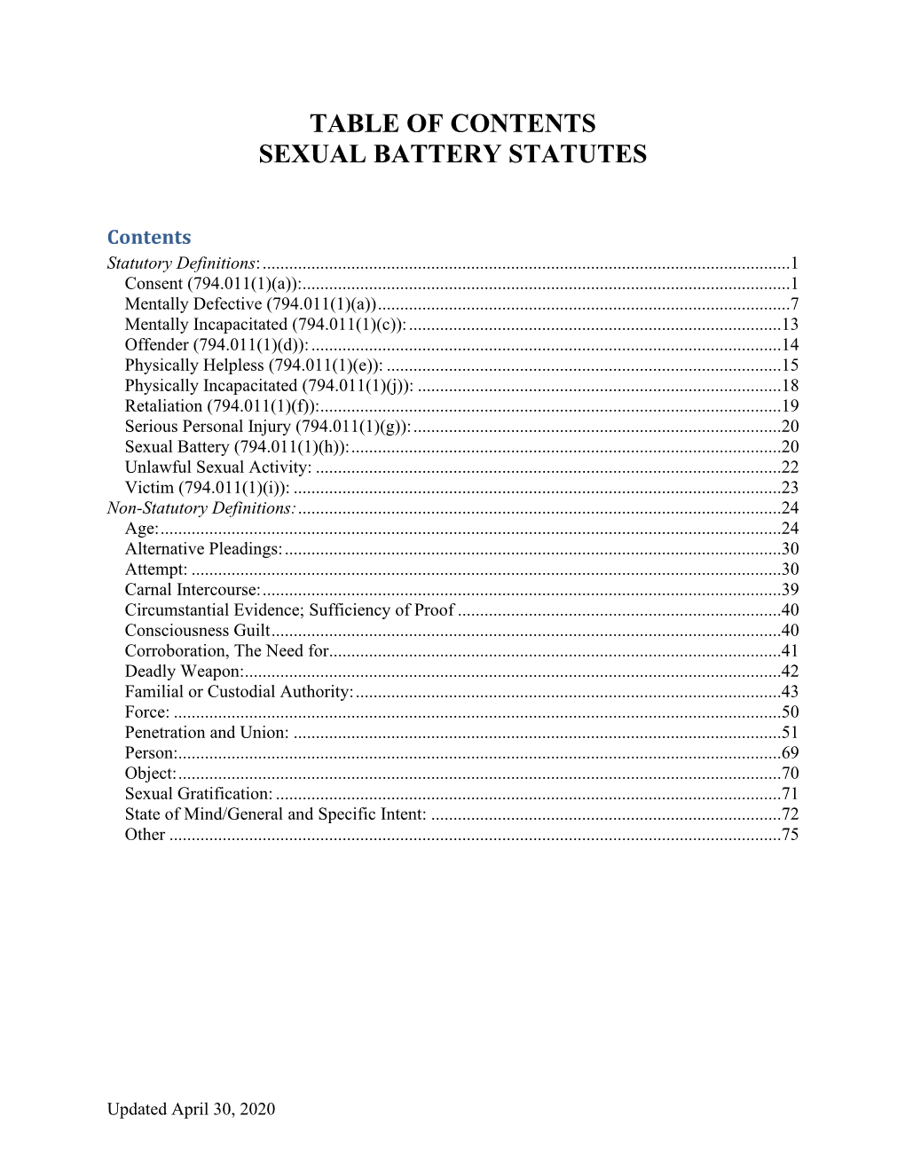 Table of Contents Sexual Battery Statutes