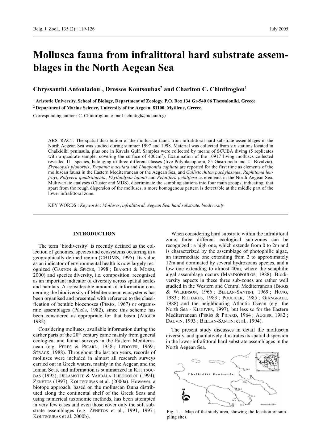 Mollusca Fauna from Infralittoral Hard Substrate Assem- Blages in the North Aegean Sea