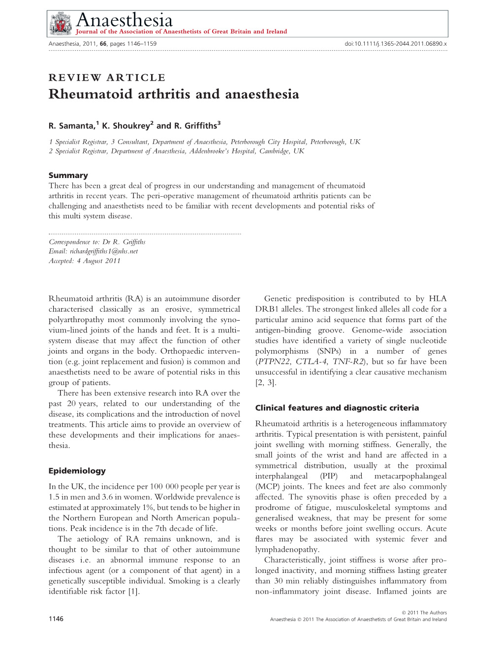 Rheumatoid Arthritis and Anaesthesia