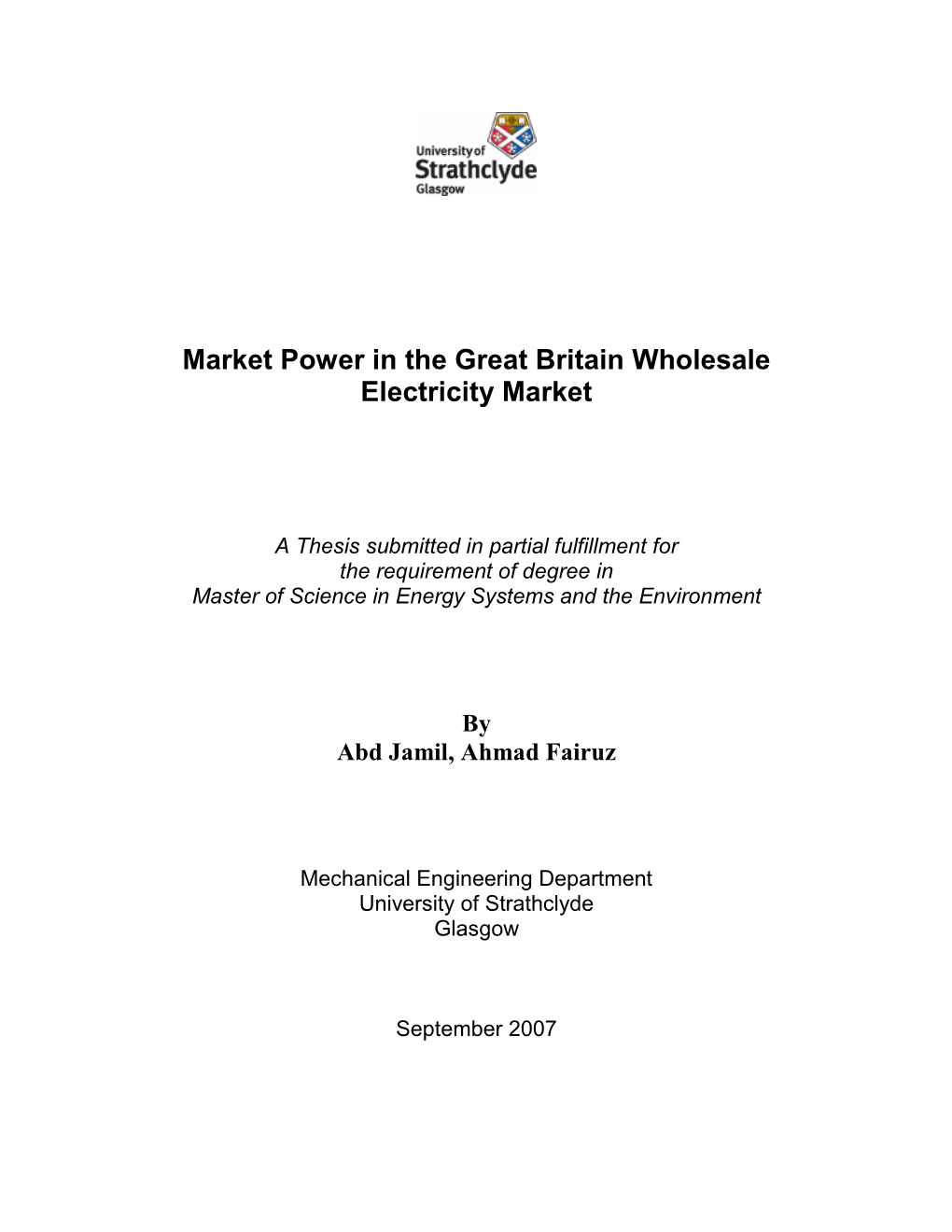 Market Power in the Great Britain Wholesale Electricity Market