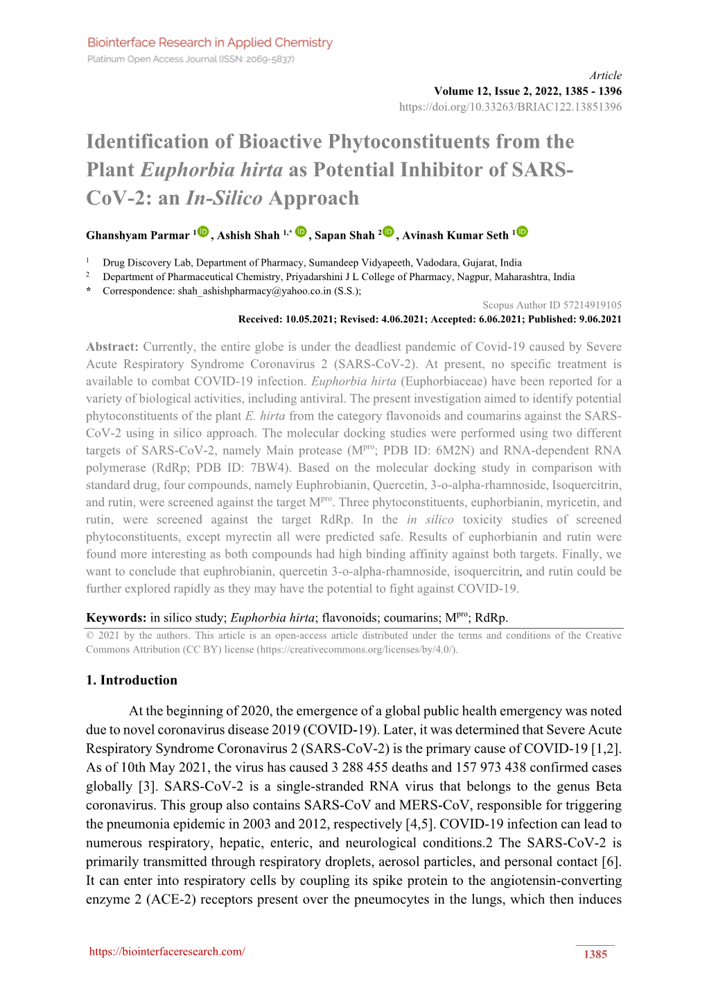 Identification of Bioactive Phytoconstituents from the Plant Euphorbia Hirta As Potential Inhibitor of SARS- Cov-2: an In-Silico Approach