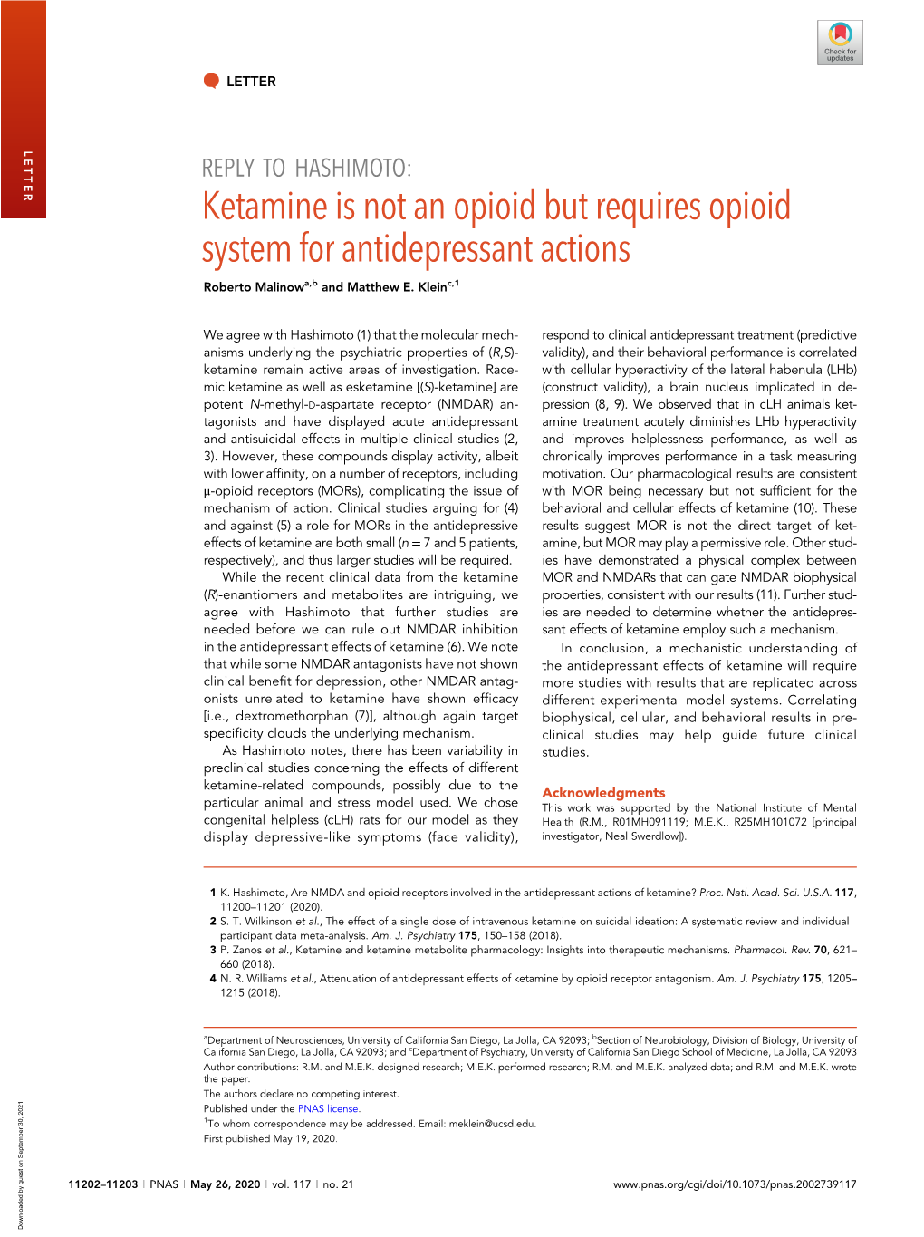 Ketamine Is Not an Opioid but Requires Opioid System for Antidepressant Actions