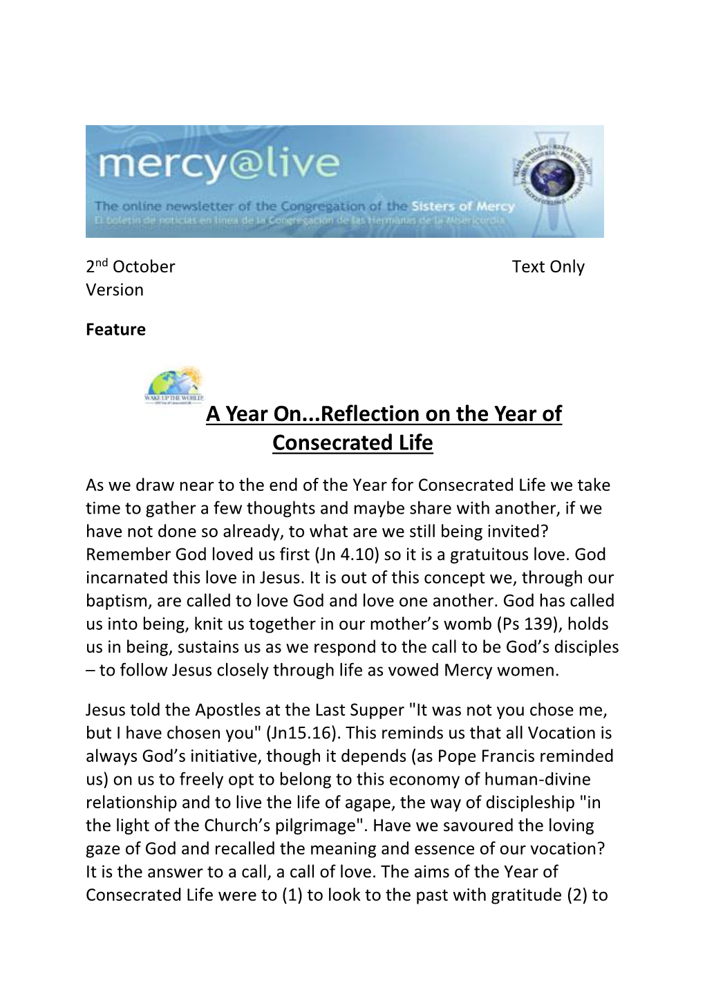 A Year On...Reflection on the Year of Consecrated Life