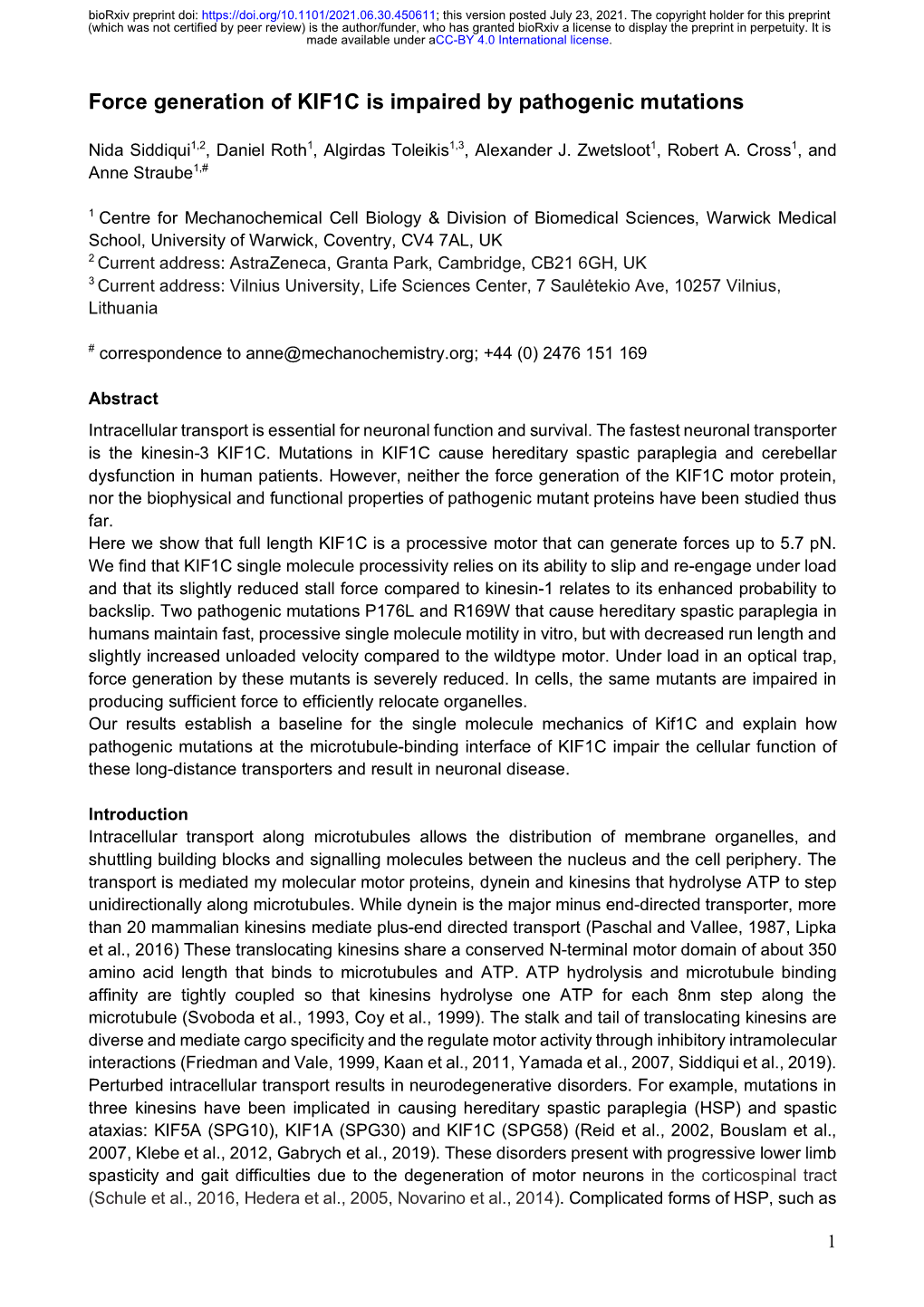 Force Generation of KIF1C Is Impaired by Pathogenic Mutations