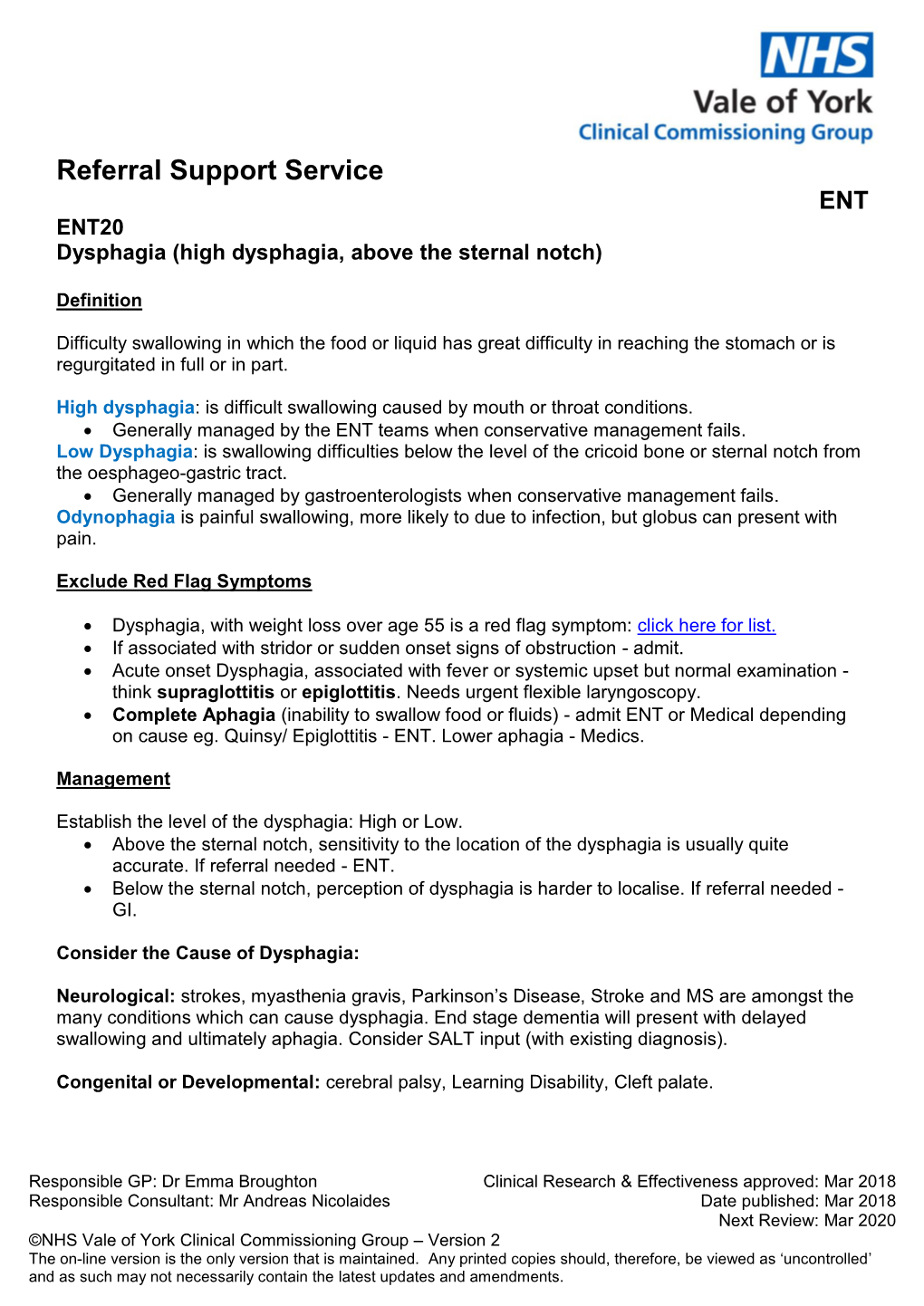 Referral Support Service ENT ENT20 Dysphagia (High Dysphagia, Above the Sternal Notch)