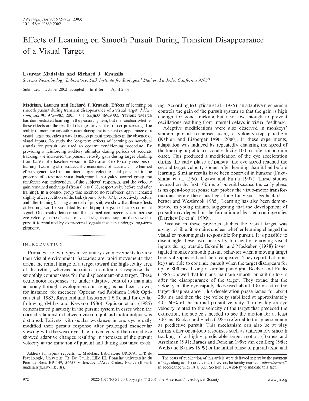 Effects of Learning on Smooth Pursuit During Transient Disappearance of a Visual Target