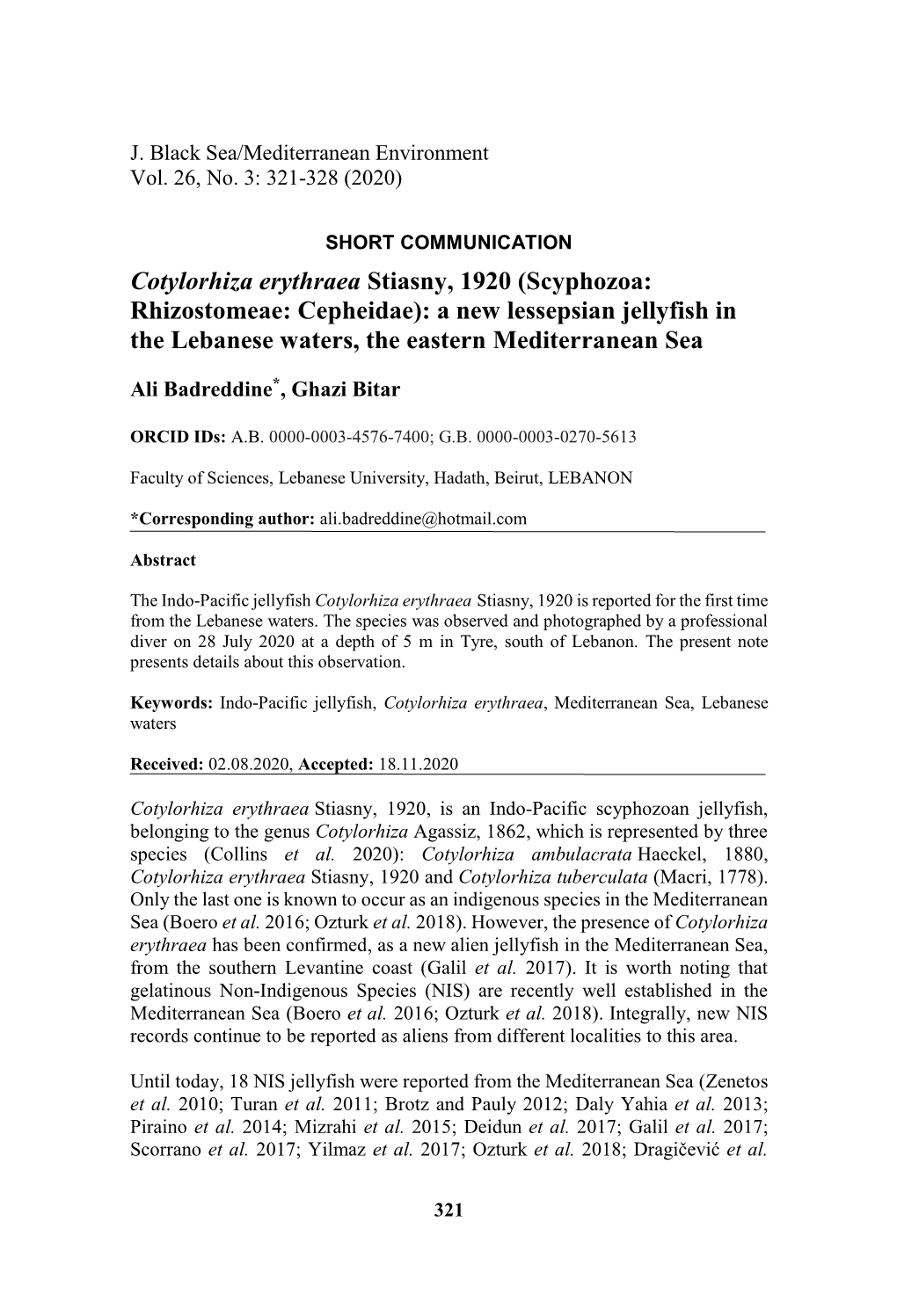 Scyphozoa: Rhizostomeae: Cepheidae): a New Lessepsian Jellyfish in the Lebanese Waters, the Eastern Mediterranean Sea