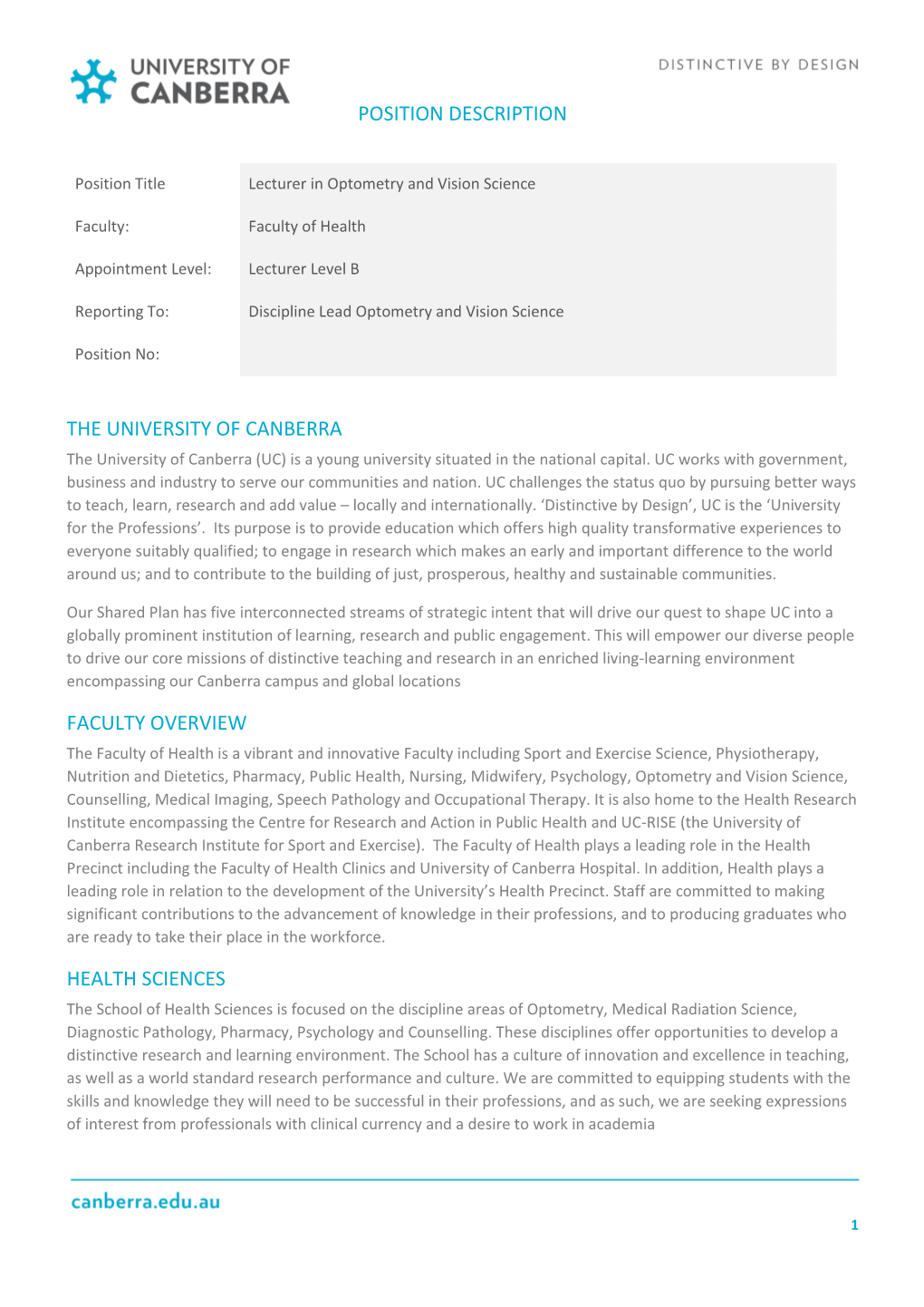 Position Description the University of Canberra Faculty Overview Health Sciences