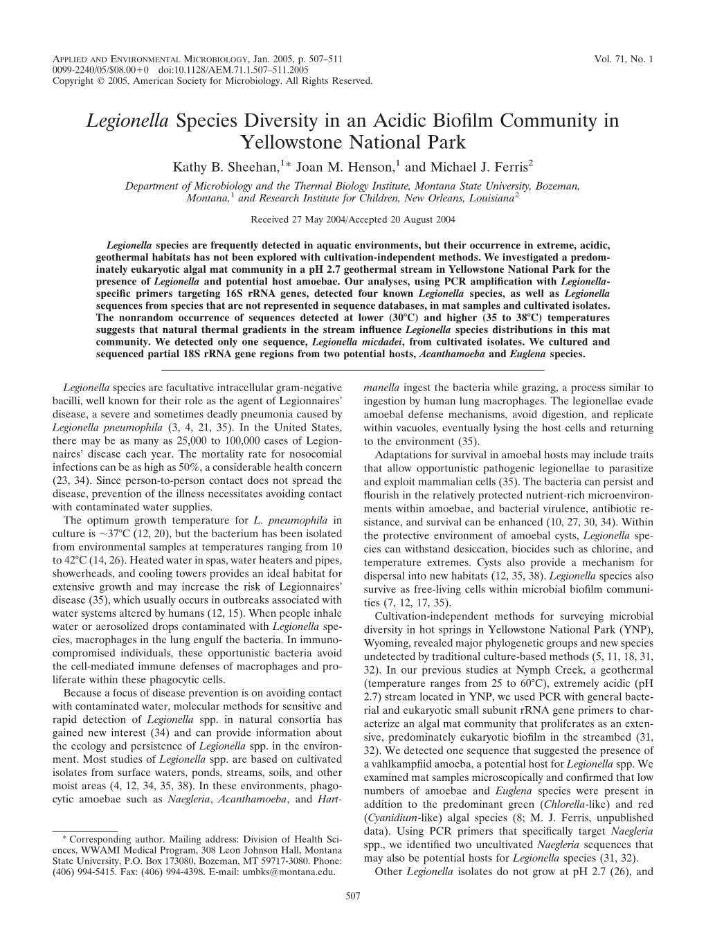 Legionella Species Diversity in an Acidic Bioﬁlm Community in Yellowstone National Park Kathy B