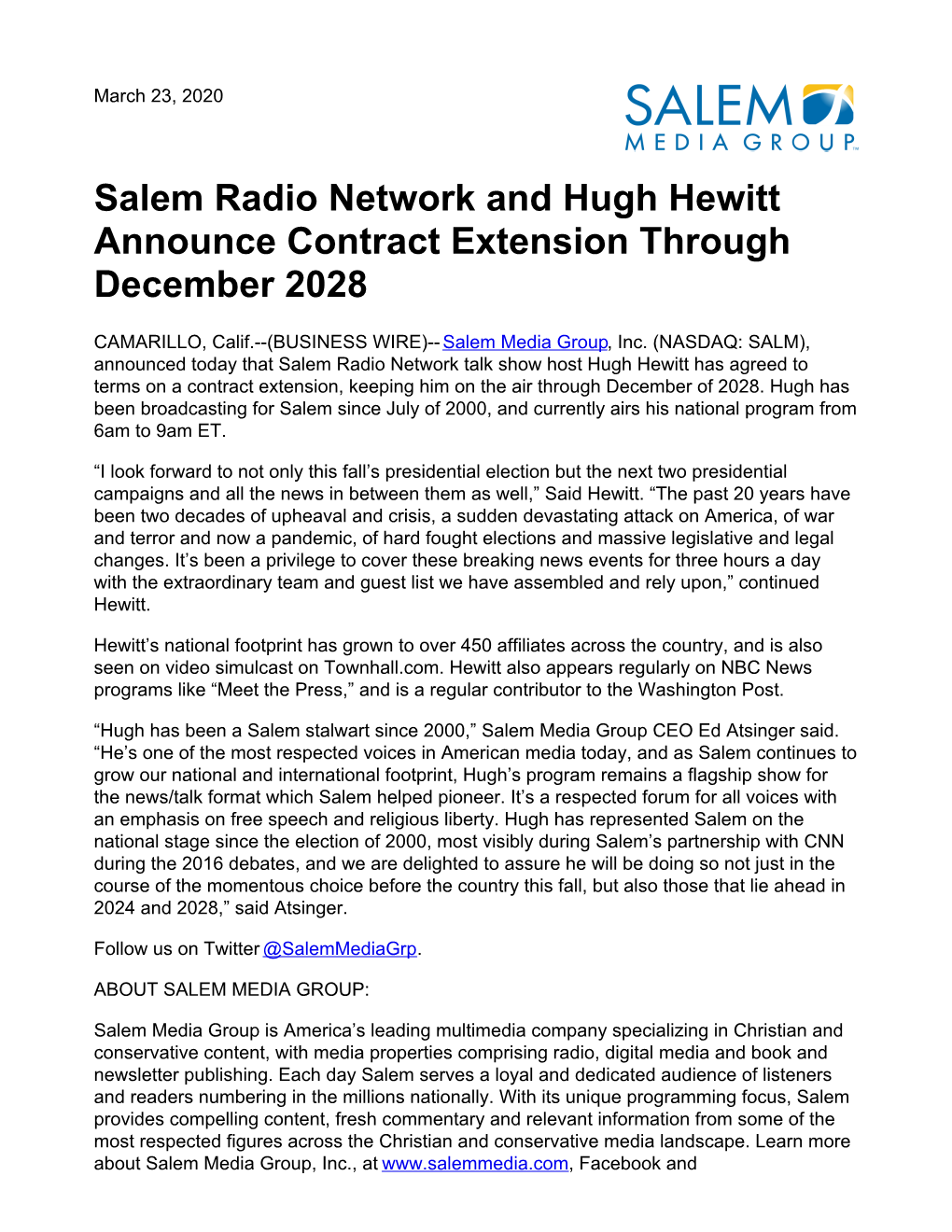 Salem Radio Network and Hugh Hewitt Announce Contract Extension Through December 2028