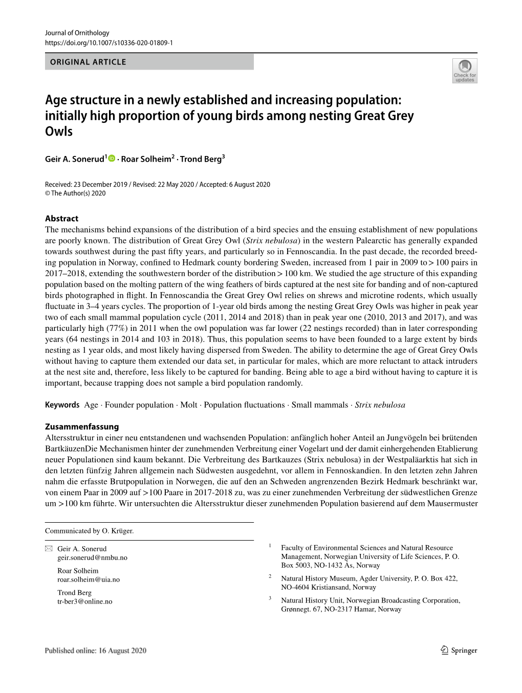 Initially High Proportion of Young Birds Among Nesting Great Grey Owls