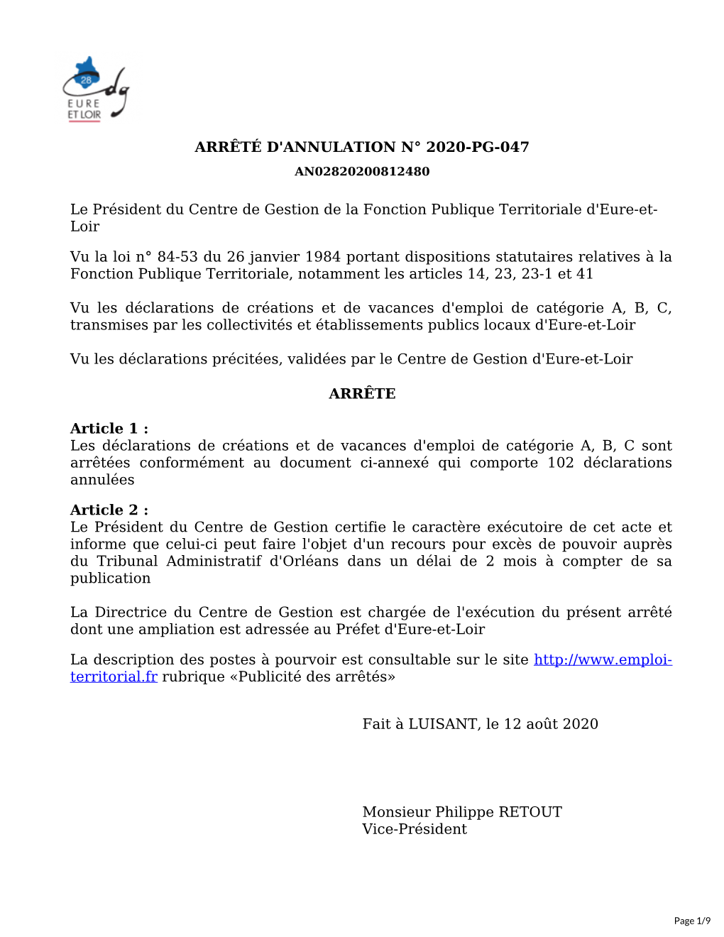 Arrêté D'annulation N° 2020-Pg-047 An02820200812480