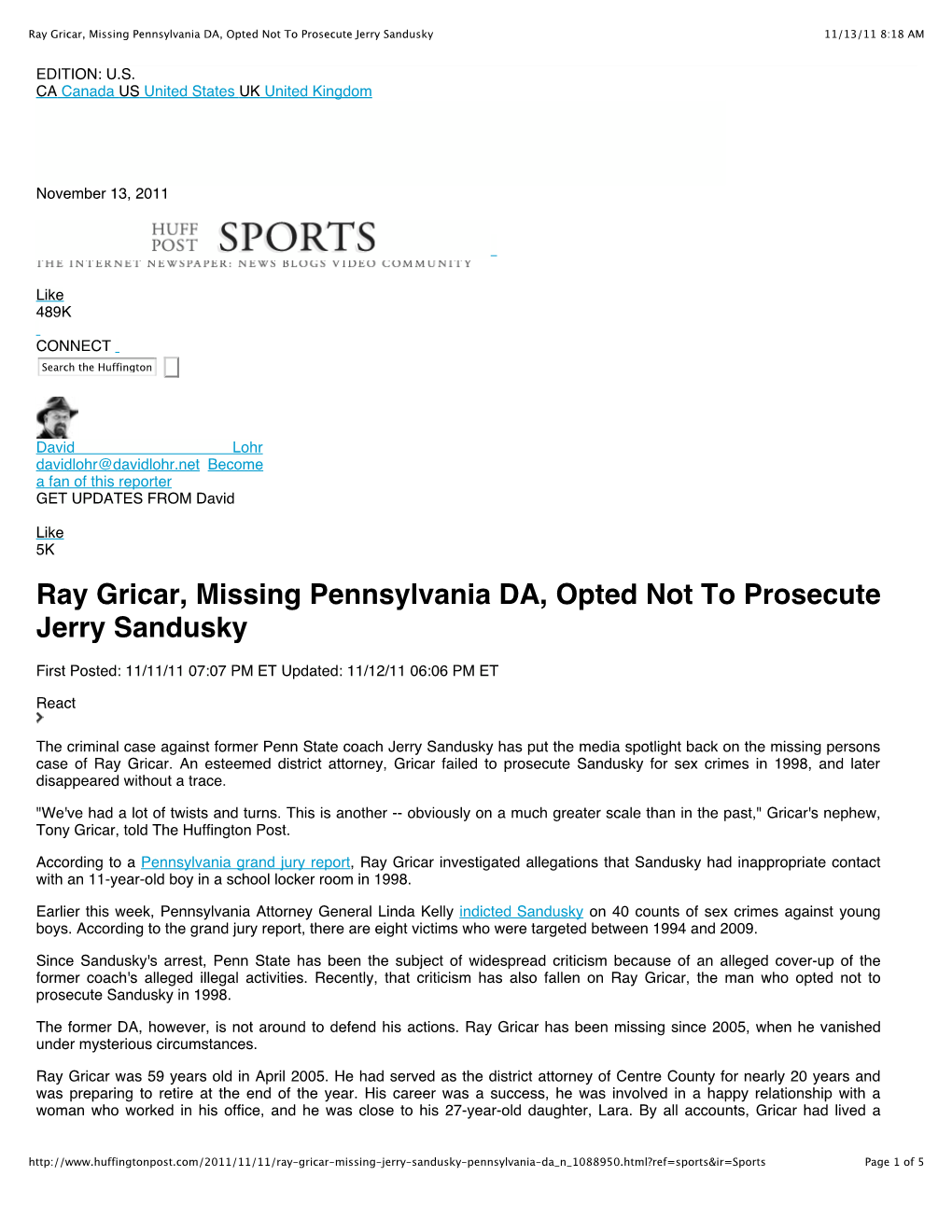 Ray Gricar, Missing Pennsylvania DA, Opted Not to Prosecute Jerry Sandusky 11/13/11 8:18 AM