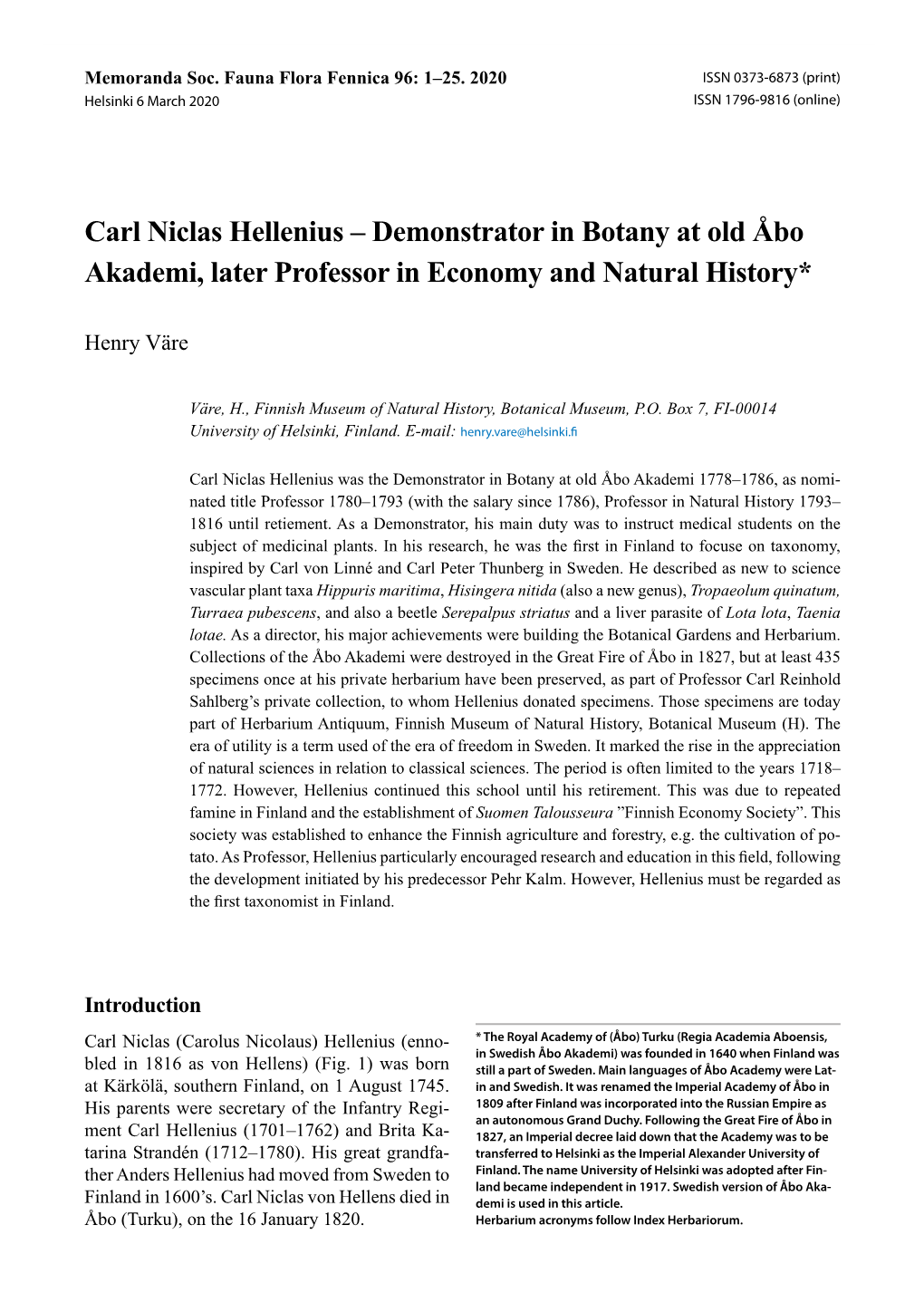 Carl Niclas Hellenius – Demonstrator in Botany at Old Åbo Akademi, Later Professor in Economy and Natural History*