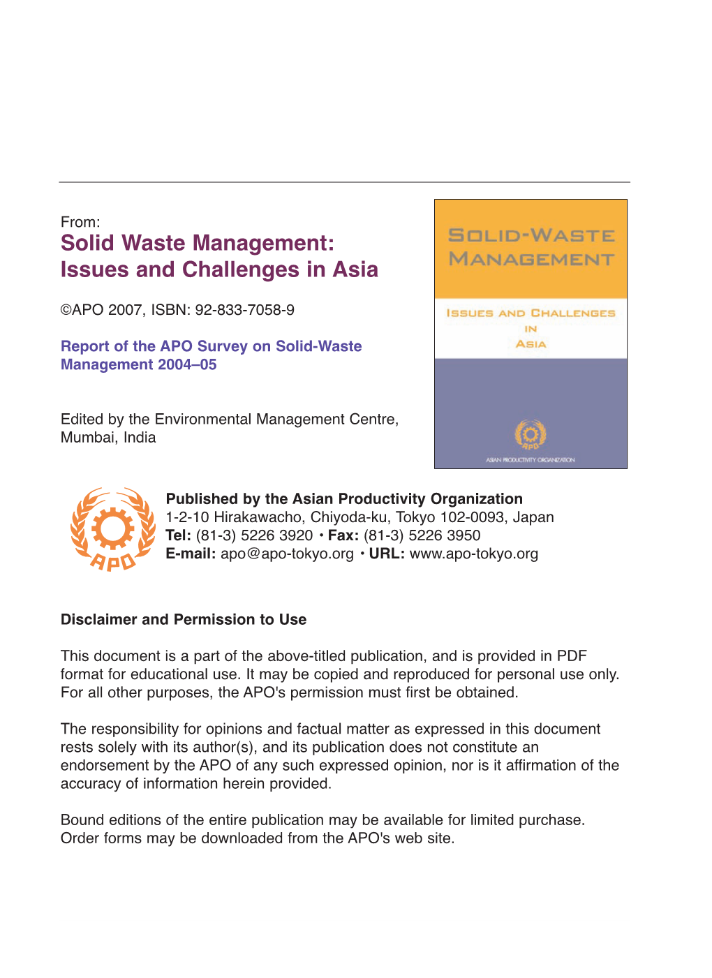 Solid Waste Management: Issues and Challenges in Asia