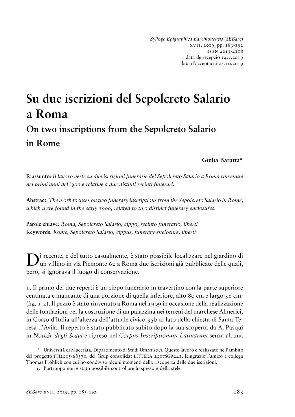 Su Due Iscrizioni Del Sepolcreto Salario a Roma on Two Inscriptions from the Sepolcreto Salario in Rome