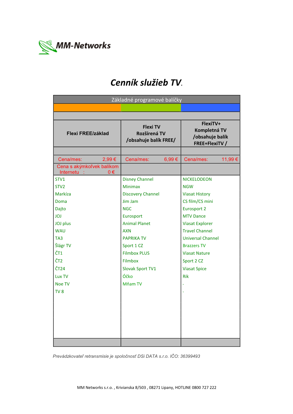 Cenník Služieb TV