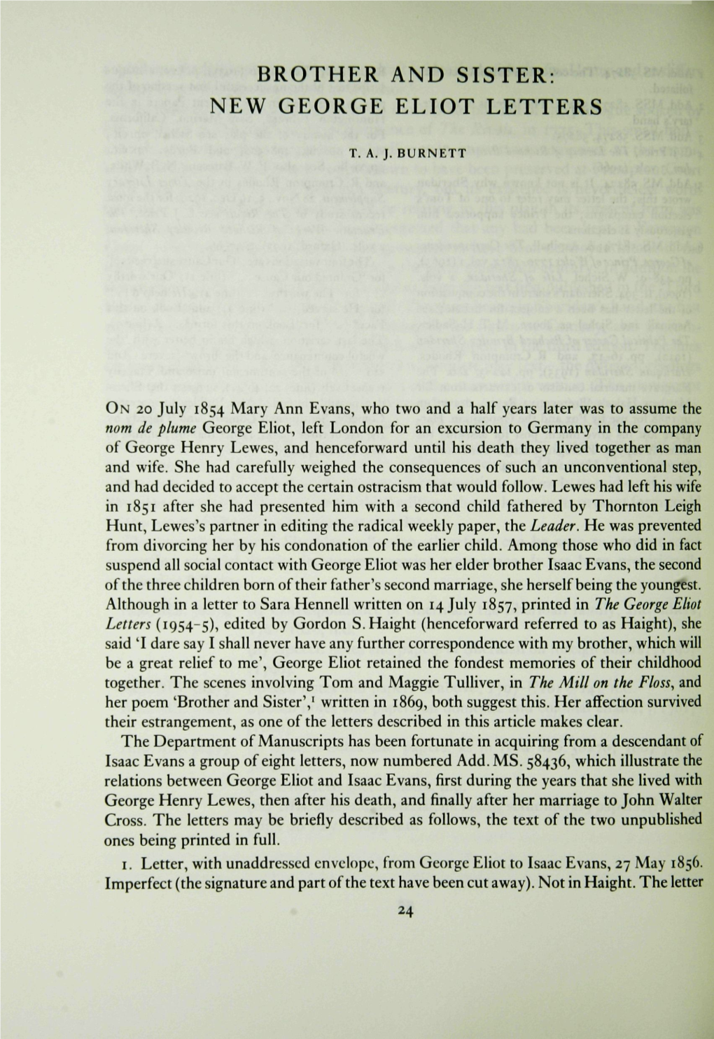 Brother and Sister: New George Eliot Letters