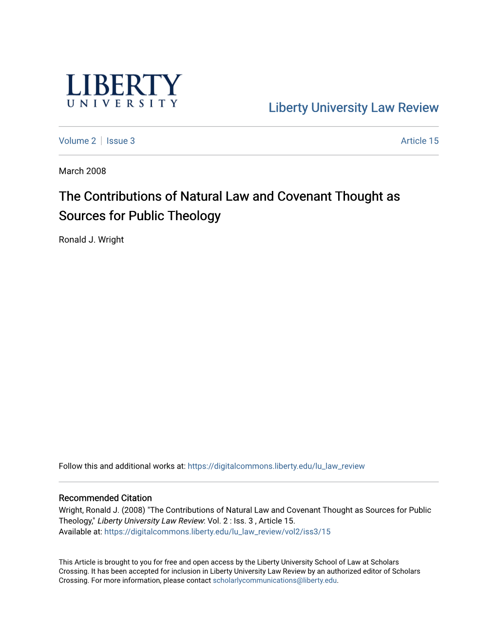 The Contributions of Natural Law and Covenant Thought As Sources for Public Theology