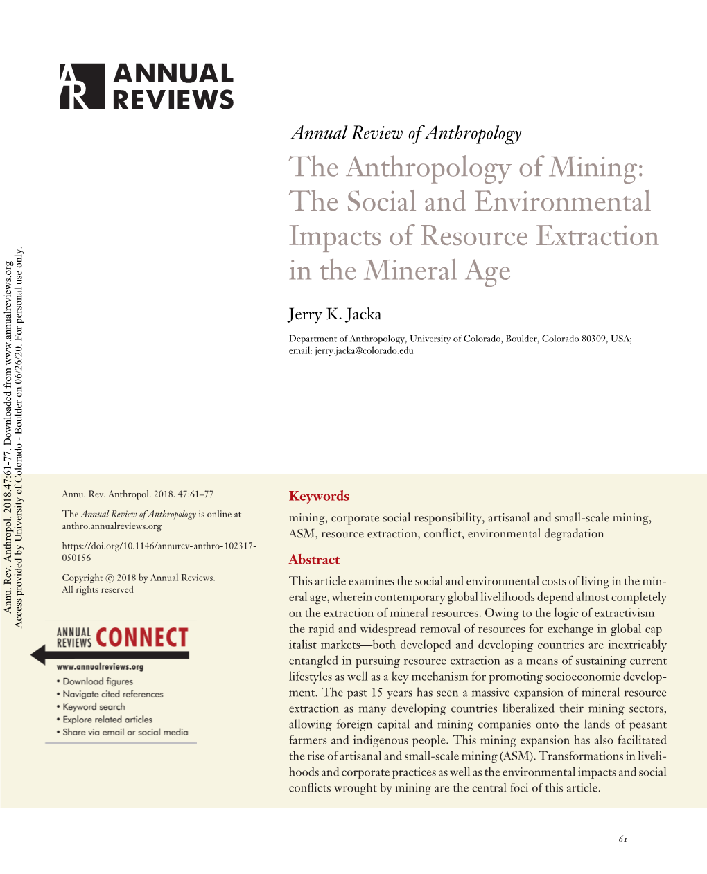 The Anthropology of Mining: the Social and Environmental Impacts of Resource Extraction in the Mineral Age