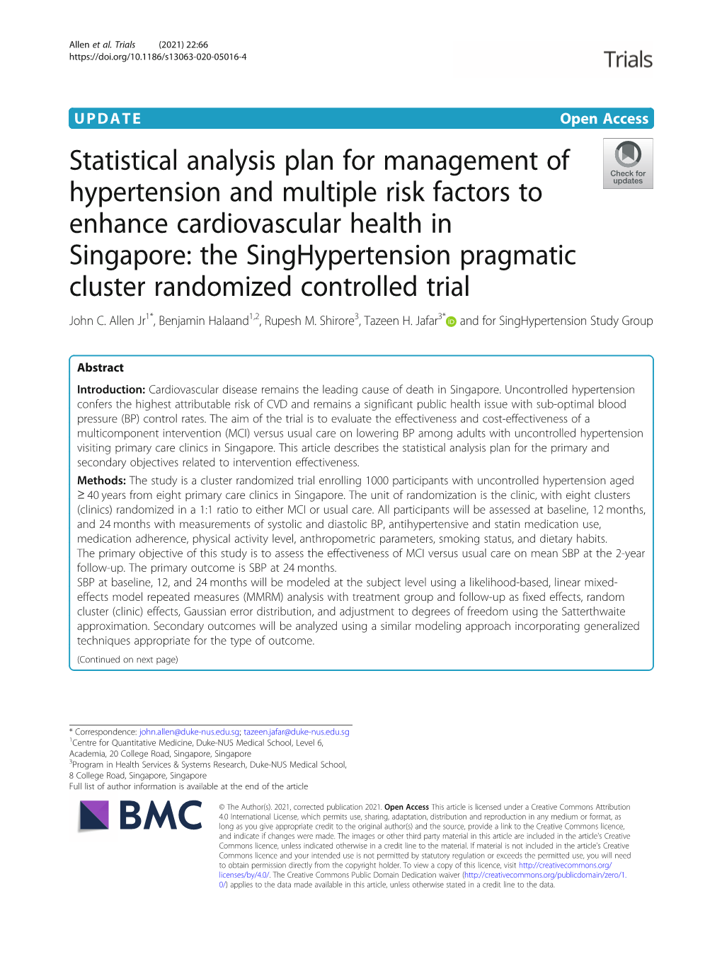 Statistical Analysis Plan for Management of Hypertension And