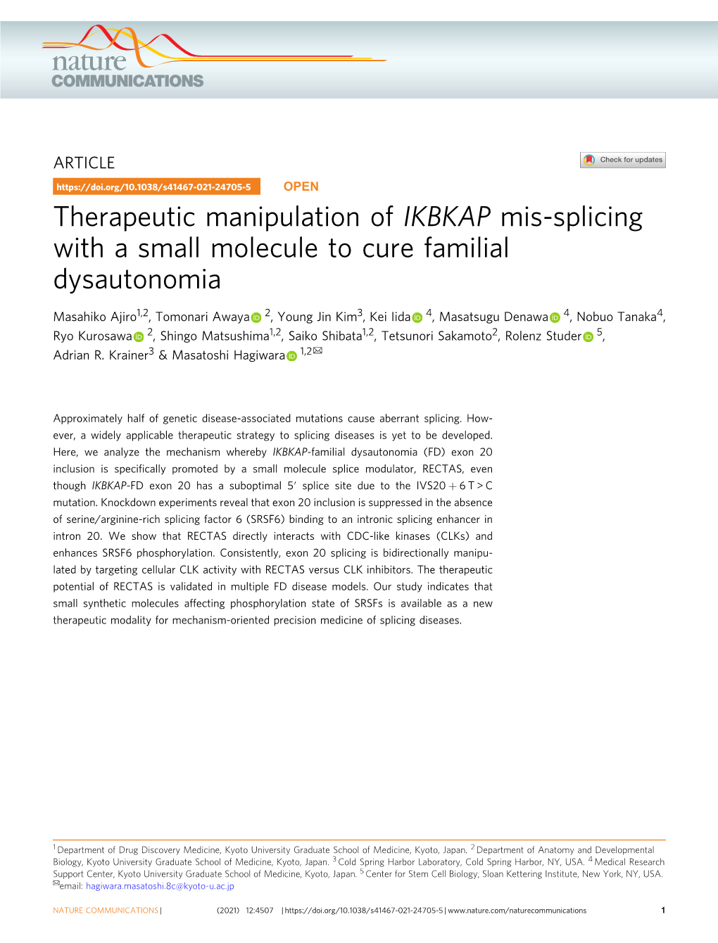 Therapeutic Manipulation of IKBKAP Mis-Splicing with a Small Molecule to Cure Familial Dysautonomia