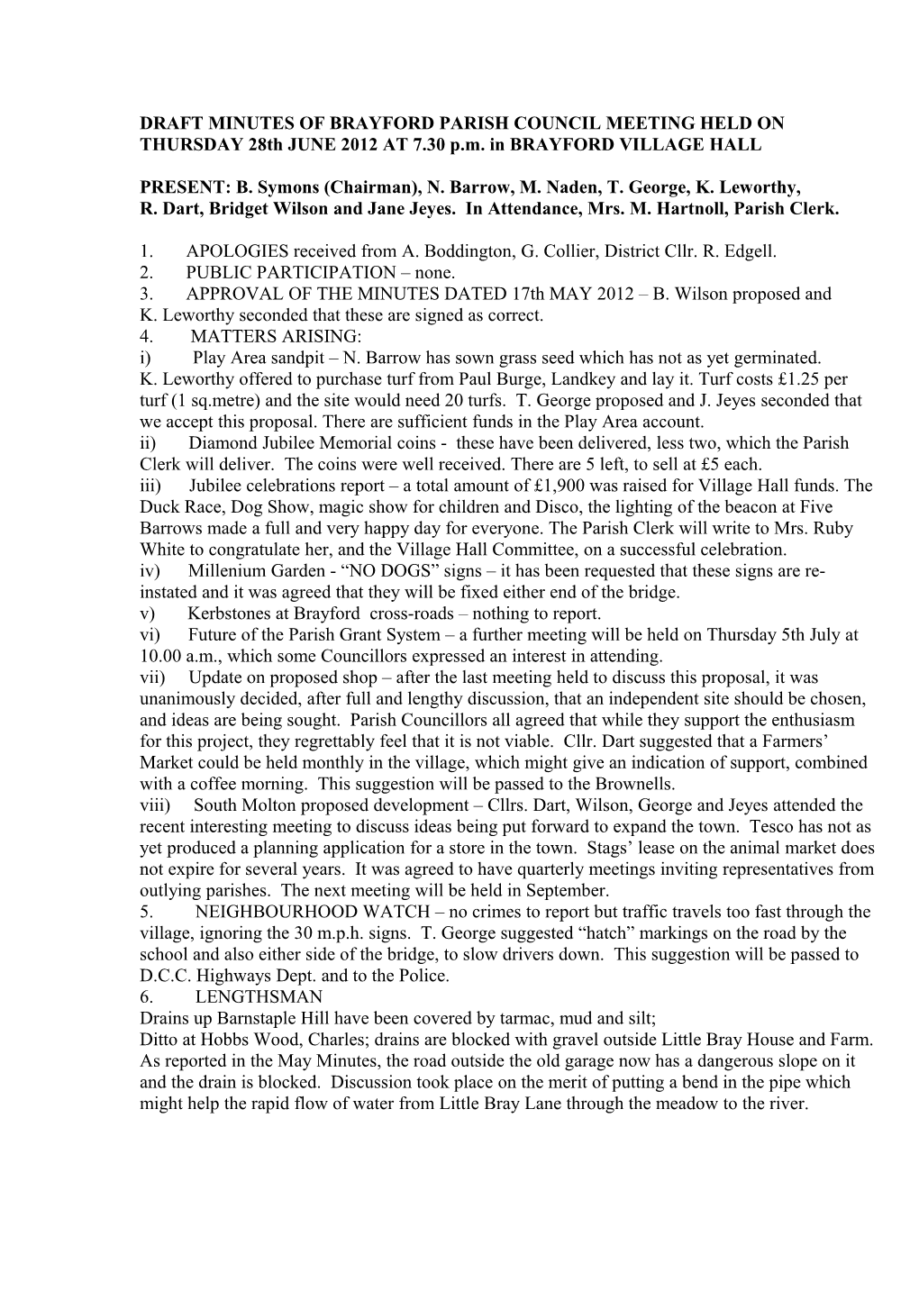 Brayford Parish Council Minutes 28 June 2012