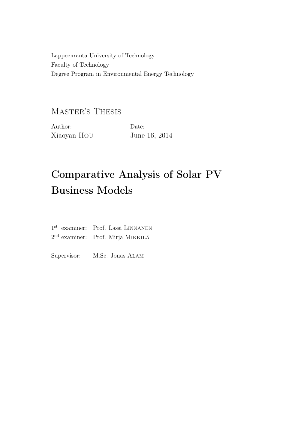 Comparative Analysis of Solar PV Business Models