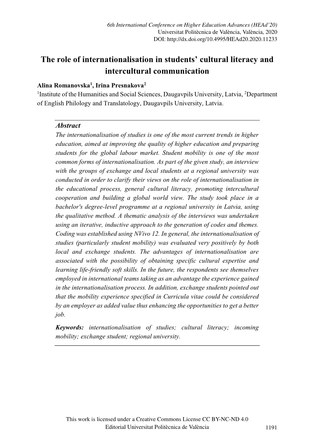 The Role of Internationalisation in Students' Cultural Literacy and Intercultural Communication