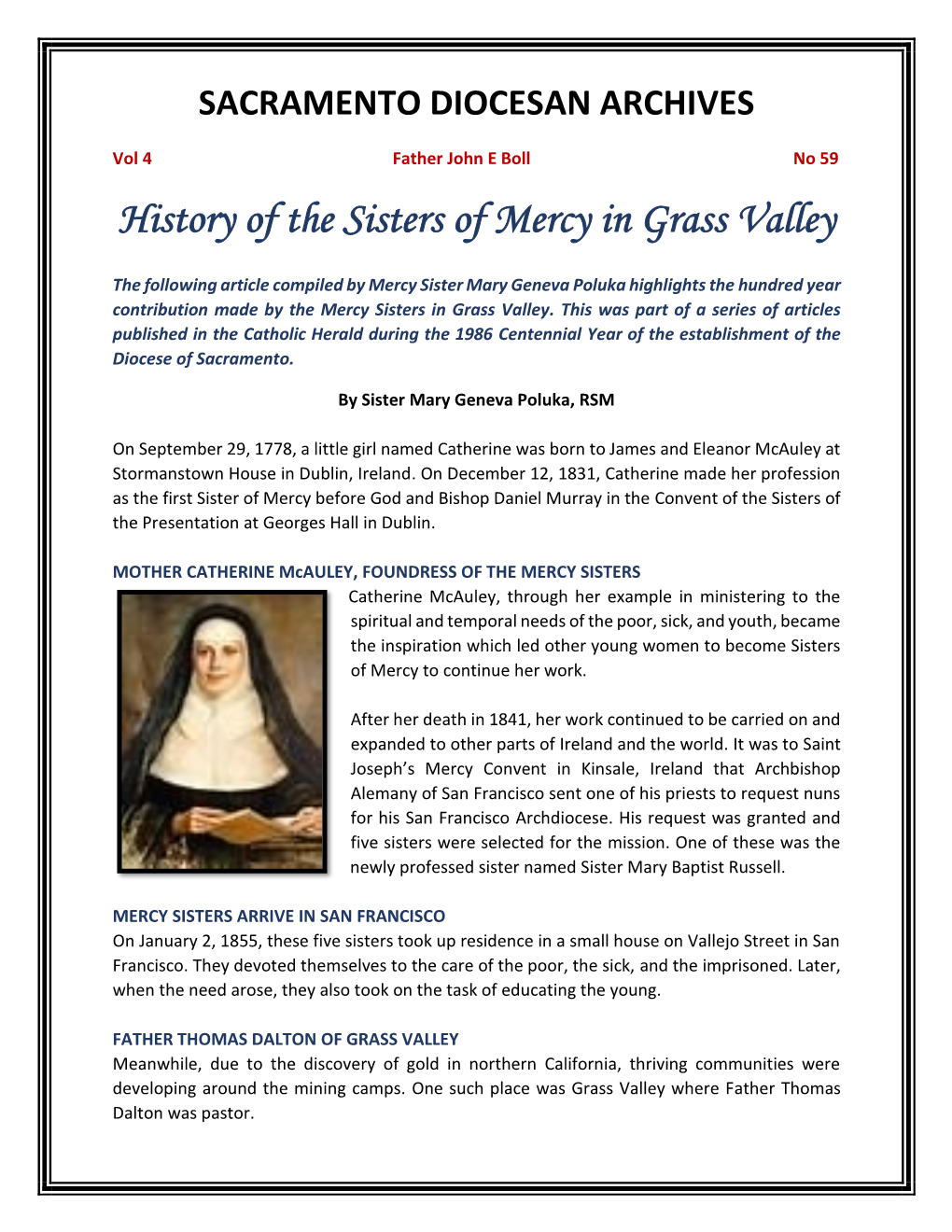 History of the Sisters of Mercy in Grass Valley