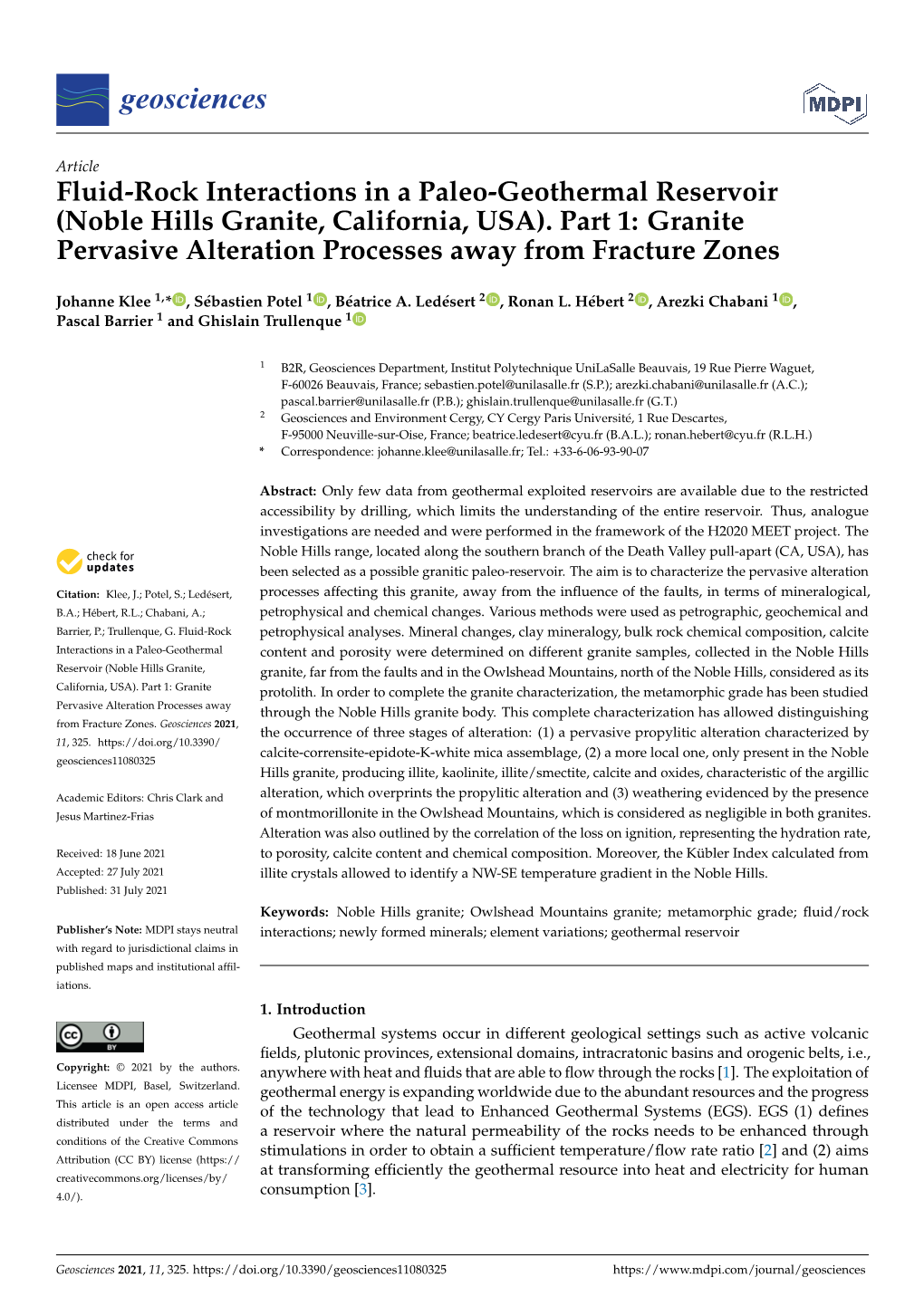 Fluid-Rock Interactions in a Paleo-Geothermal Reservoir (Noble Hills Granite, California, USA)