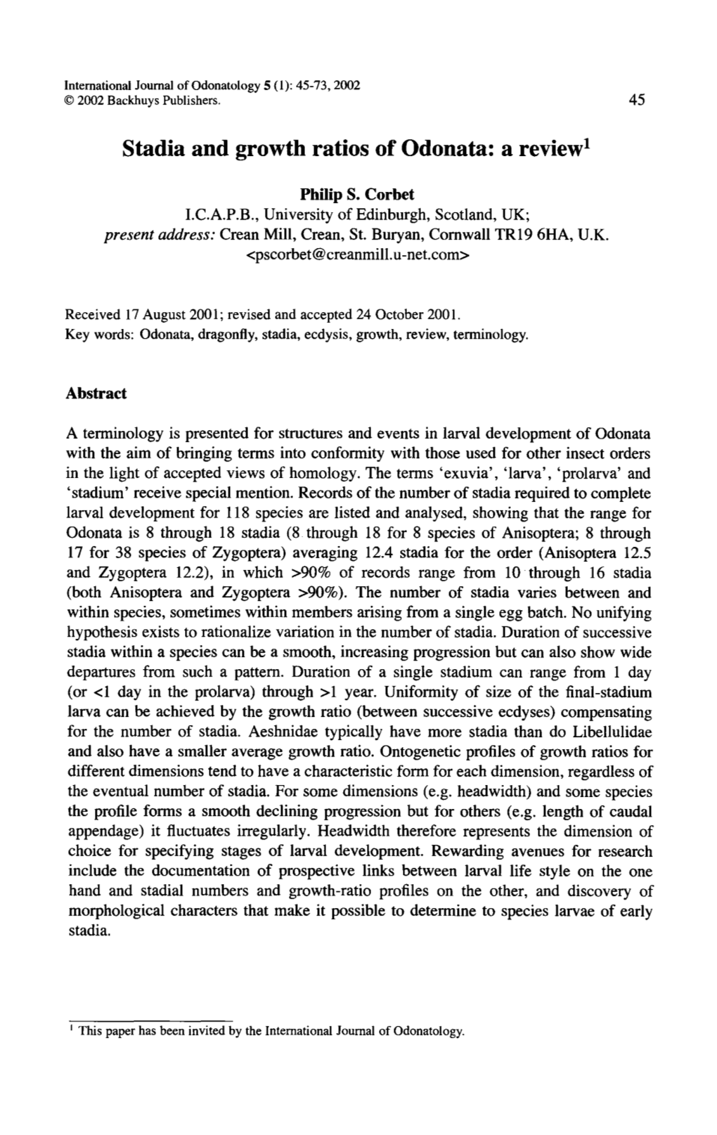 Stadia and Growth Ratios of Odonata: a Review1