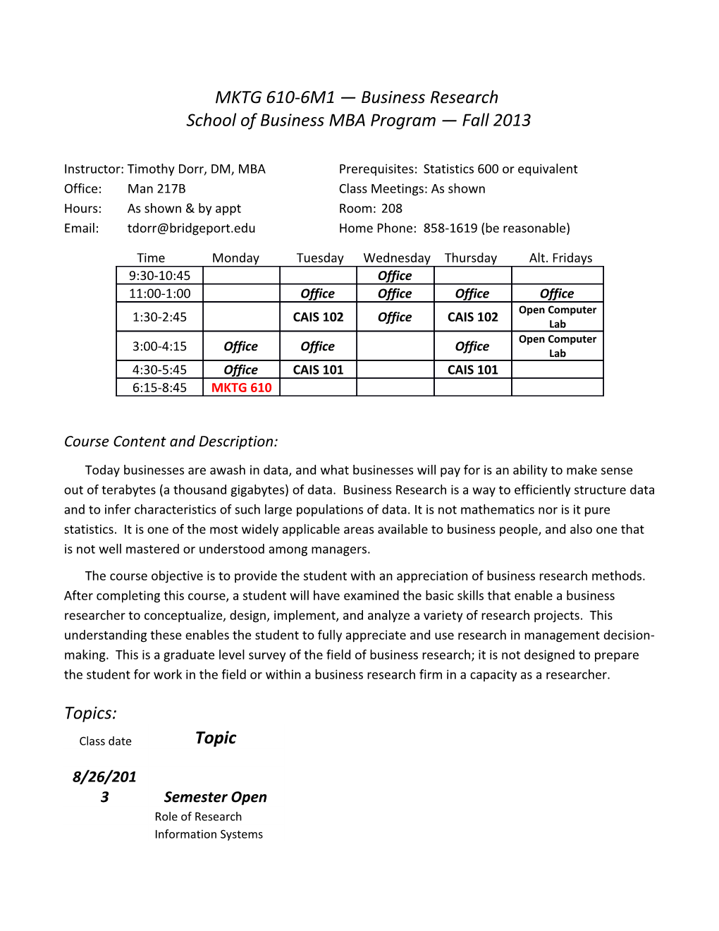 School of Business MBA Program Fall 2013