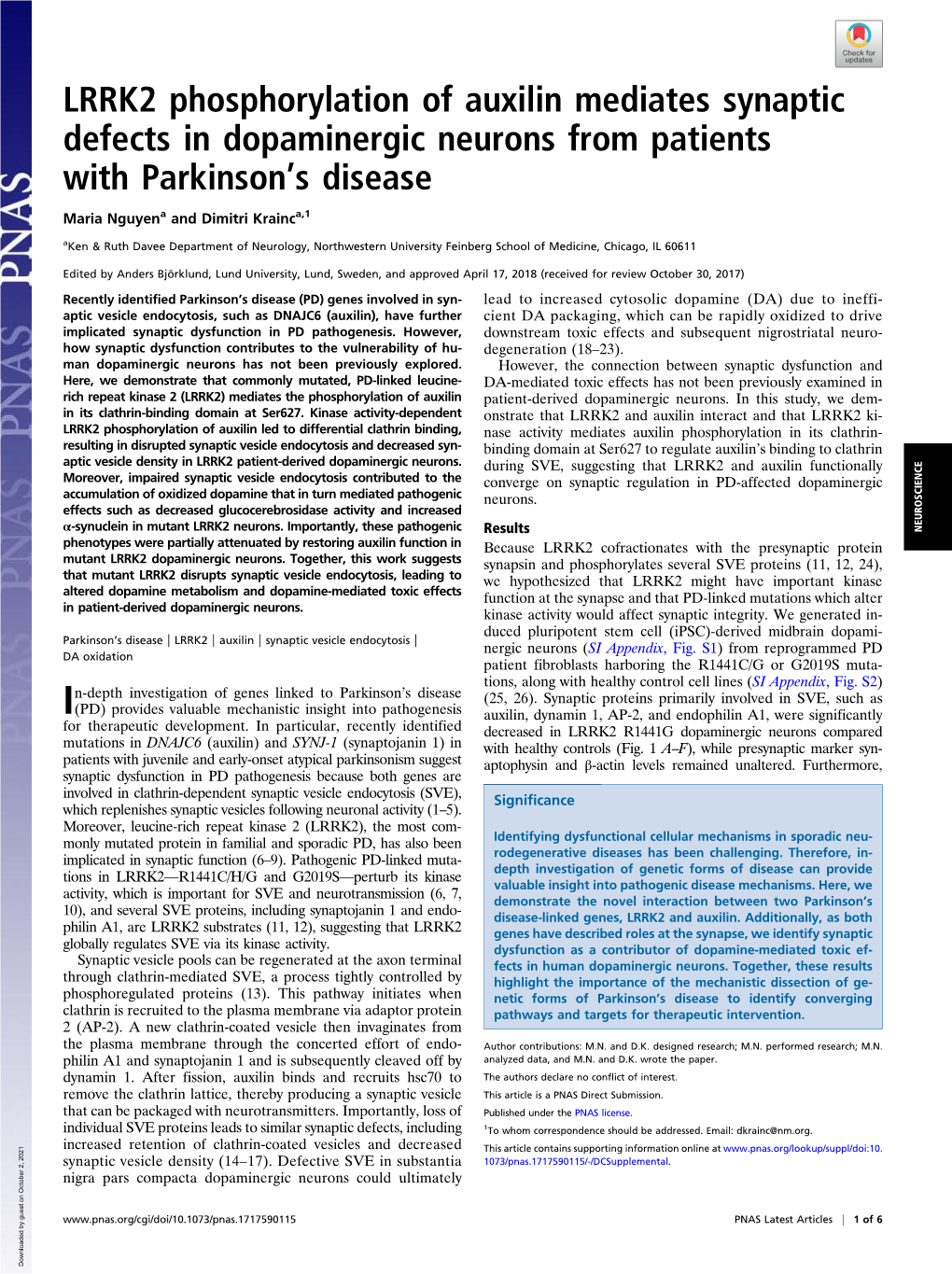 LRRK2 Phosphorylation of Auxilin Mediates Synaptic Defects in Dopaminergic Neurons from Patients with Parkinson’S Disease